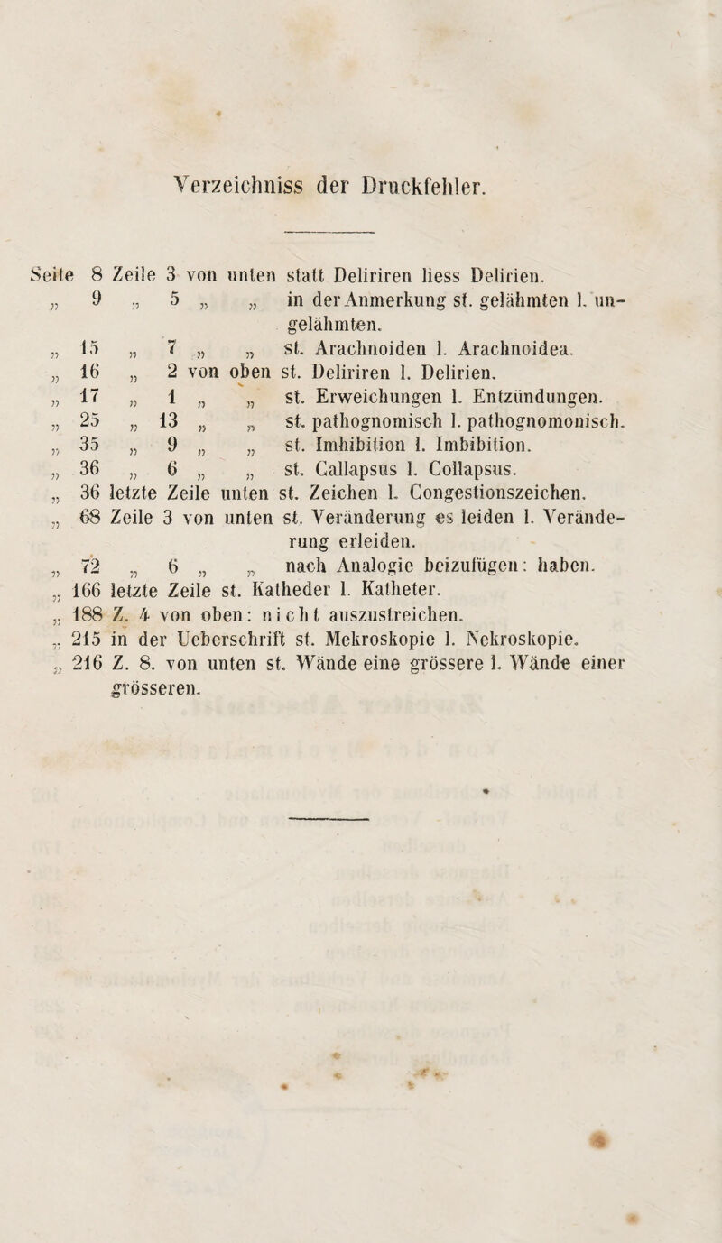 Verzeichniss der Druckfehler. Seite 8 Zeile 3 von unten statt Deliriren liess Delirien. 9 „ 5 „ „ in der Anmerkung st. gelähmten 1. un- gelälmiten. „ 15 „ 7 „ „ st. Araclinoiden 1. Arachnoidea. „ 16 „ 2 von oben st. Deliriren I. Delirien. „17 „ 1 n n st. Erweichungen 1. Entzündungen. „ 25 „ 13 „ „ st. pathognomisch I. pathognomonisch. „ 35 „ 9 „ „ st. Imbibition 1. Imbibition. „ 36 „ 6 „ „ st. Gallapsus 1. Collapsus. „ 36 letzte Zeile unten st. Zeichen 1. Congestionszeichen. „ 68 Zeile 3 von unten st. Veränderung es leiden 1. Verände¬ rung erleiden. „ 72 „ 6 „ „ nach Analogie beizufügen: haben. „ 166 letzte Zeile st. Katheder 1. Katheter. „ 188 Z. 4 von oben: nicht auszustreichen. „ 215 in der Ueberschrift st. Mekroskopie 1. Nekroskopie. „ 216 Z. 8. von unten st. Wände eine grössere 1. Wände einer grösseren.