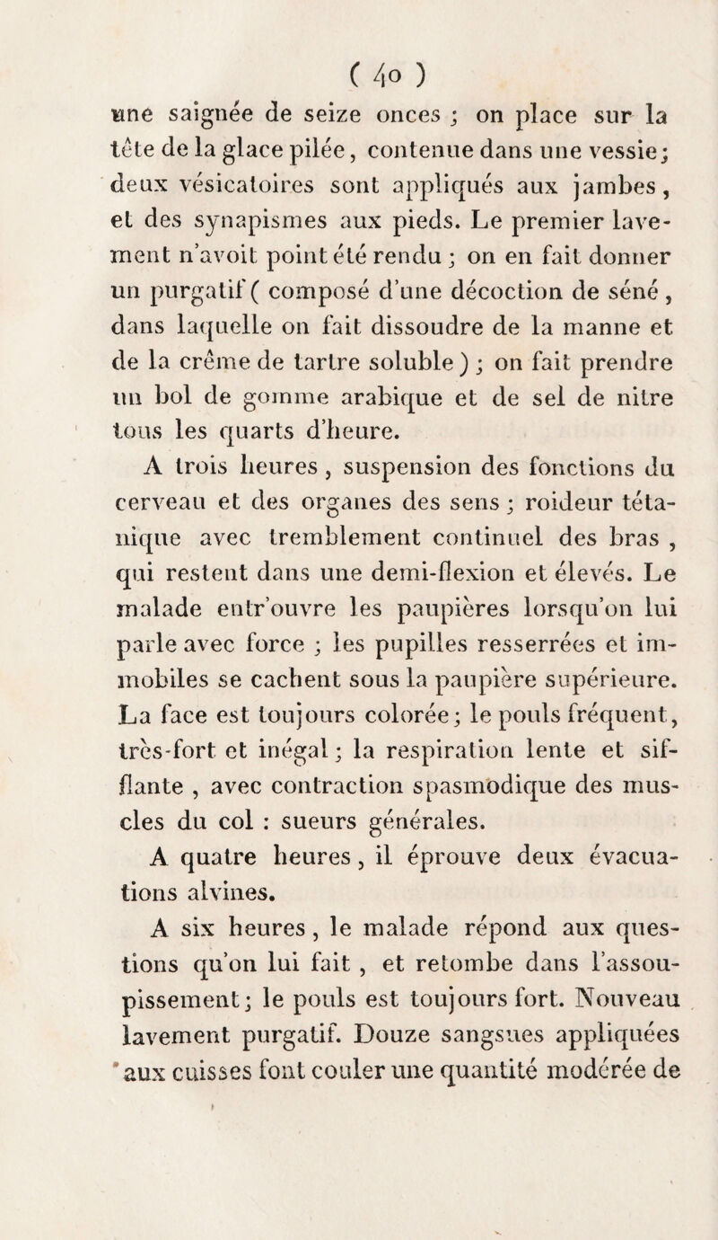 ( 3/, a ) boules d’iris ou de racine de gentiane ; on em¬ ploie un onguent suppuratif. A mesure que les chairs reviennent , on les brûle de nouveau avec le beurre d’antimoine ; on applique aussi les vésicatoires à différentes reprises, et on ne permet à la plaie de se cicatriser qu après qua¬ rante jours. Telle est la méthode de Lerouæ ( voy. son mémoire couronné j. Enauæ et Chaussier pré¬ fèrent un bourdonnet ou tampon de charpie bien serrée, imbibé de ce caustique; on l’entoure de petits tampons de charpie sèche pour garantir les parties voisines ; le tout est maintenu par un emplâtre adhésif, ou avec la main, si c’est pour un enfant. Si quelque partie paroit avoit échappé à l’action du caustique dans une première ap¬ plication , il faut sans hésiter revenir à une se¬ conde application. Si la plaie est dans le voisinage d’un gros vaisseau au col, à la cuisse ou au bras , l’inci¬ sion étant faite avec précaution, on sentira les battemens de l’artère. Si elle est un peu recou¬ verte de tissu cellulaire ou de chairs, on tou¬ chera légèrement avec un pinceau trempé dans le beurre d’antimoine liquide. Si l’artère est dépouillée, on n’emploîra point de caustique qui puisse former une escarre dont la chute seroit mortelle ; mais on appliquera sur elle de la