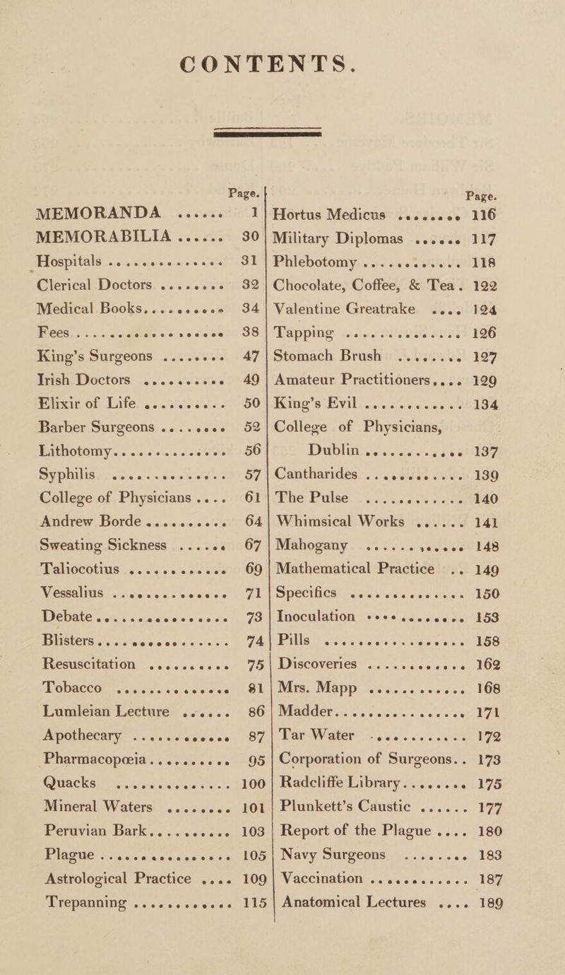 MEMORANDA ...... 1 MEMORABILIA ...... 30 Hospitals ..... ore nete 31 Clerical Doctors ......2+ 32 Medical Books....ccees.s 34 Ce Ress veceeees SS King’s Surgeons ........ 47 Brish, Doctors, ..6.6 sissies 2640 loan of Life. .. .istedes. 60 Barber Surgeons .....0¢. 52 BEN OGOITYse,6 oiscc oness sare epee PRPNUISs po ea. vee de ali 57 College of Physicians.... 61 Andrew Borde .......... 64 Sweating Sickness ..... « 67 UIOCOLIUS «6664 6's 08d OS 69 NiCSaAINS “. Sielacsseecees | gl CBOE «oars Cocaine ss. cece 79 Bisters aise Savieee cicle ss 74 Resuscitation .....c0002° 75 PODQECO eo ejeiesle cs ejaisietaciesti Oe Lumleian Lecture ...... 86 Apothecary ...... coccee 87 Pharmacopceia.....eeee0 95 Quacks- . 4:55. shekece ital 100 Mineral Waters .......- 101 Peravian Bark... .0. 6d... Plague .... 5 0 BOS Astrological Practice .... 109 epanniig .. .s &lt;is die vis te BUS Hortus Medicus .escoece Military Diplomas ...... Phlebotomy. ... 6.0.2 sin Chocolate, Coffee, &amp; Tea. Valentine Greatrake Appia case-ors) BUHO% Stomach Brush ....... Amateur Practitioners.... King’s Evil College of Physicians, Dublin... Cantharides The Pulse ® Mahogany ...... Mathematical Practice BPECUICS: S0's)s s/eiaraceiet store 4 Inoculation - Pills Discoveries ..... Mis. Mapp: cise as se Madder Tar Water .. Corporation of Surgeons. . Radcliffe Library........ Plunkett’s Caustic ...... Report of the Plague .... Navy Surgeons Vaccination . Anatomical Lectures .... 116 117 118 122 124 126 127 129 134 137 139 140 141 148 150 153 162 171 172 173 175 177 180 183 187 189