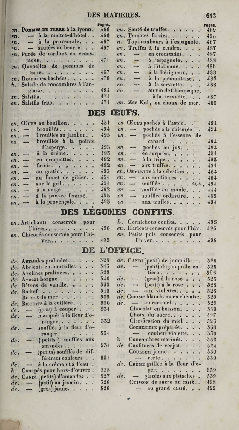 m. Pommes de terre à la lyonn. Page*. Pag«*. 489 406 en. Sauté de truffes. . ^ . on. — à la maitre-d’hôtel. . 466 en. Tomates farcies. 49 o •n. — à la provençale. . . 467 n. Topinambours à l’espagnole. 467 *K. — sautées au beurre. . . 467 en. Truffes à la cendre. . . . 487 •n. Purée de cardons en crous- en. — en croustades. . 487 tades. . . ...... 471 en. — a l’espagnole. . . . 488 yn. Quenelles de pommes do en. — à l’italienne. . . . 488 terre. 467 en. — à la Périgueux. . . 488 •n. Romaines hachées. 478 en. — à la piémontaise. . 488 h. Salade de concombres à l’an- en. — à la serviette. 488 glaise. 484 en. — au vin deChampagne, en. Salsifis. 471 à la serviette. . . 487 en. Salsifis frits. 471 en. Zée Kol, ou choux de mer. 485 DES ŒUFS. en. Œufs au bouillon. 451 en Œufs pochés à l’aspic. . 494 en. — brouillés. 494 en. — pochés à la chicorée . . 494 en. —- brouillés au jambon. . 495 en. — pochés à l’essence de en — brouillés à la pointe canard. . 494 d’asperge. »... 495 en. — pochés au jus. . . . 494 en. — à la crème. 495 en. — en surprise. . . . . . 451 en. — en croquettes. . . . 492 en. — à la tripe. . 493 en. — farcis. 492 en. — aux truffes. en. _ au gratin. 493 en. Omelette à la célestine . . . 464 en. au fumet de gibier, i 451 en. — aux confitures . . . . 464 en. — sur le gril. 491 en. — soufflée. 464 , 491 en. _ à la neige.. 492 en. — souffiée en moule. . . 444 en. — à la pauvre femme. . 493 en. — soufflée ordinaire. . . 465 en. — à la provençale. . . . 493 en. — aux truffes. DES LEGUMES CONFITS. en. Artichauts conservés pour h. Cornichons confits. 496 l’hiver. 496 en. Haricots conservés pour l’hiv. 496 en. Chicorée conservée pour l’hi- en. Petits pois conservés pour ver»* • •••••• 495 l’hiver. 496 DE L’OFFICE. de. Amandes pralinées. 528 de. Candi (petit) de jonquille. . 526 de. Abricots en bouteilles . . . 543 de. — (peti t) de jonquille en- 526 de. Avelines pralinées. 528 tière. 526 de. Avocat borgne. 546 de. — (gros) à la rose . . . 525 de. Bâtons de vanille. 555 de. — (petit) à la rose . . . 528 de. Bichof. 545 de. •— aux violettes. .... 526 Biscuit de mer. 535 de. Cerises blanch. ou en chemise. 529 de. Biscuits à la cuillère. . . . 550 de. — au caramel. 529 de. — (gros) à couper . . . 554 Chocolat en boisson. . . . 559 de. — manqués à la fleur d’o- Choix du sucre. 497 ranger. 532 Clarification du miel . . . 525 de. — soufflés à la fleur d’o- Cochenille préparée.... 530 ranger. 551 — couleur violette. . . 530 de. — ( petits ) soufflés aux h. Concombres marinés. . . . 558 amendes. 531 de. Confitures de verjus. . . . 524 de. — (petits) soufflés de dif- Couleur jaune. 530 férenles couleurs . . 531 — verte . 530 de. — à la crème et à l’eau . de. Crème grillée à la fleur d’o- h. Canapés pour hors-d’œuvre . 558 g. 539 de. Candi (petits) d’amandes . . 527 de. — glacées aux pistaches . 539 de. — (petit) au jasmin. . . 526 Cuisson de sucre au cassé. . 498