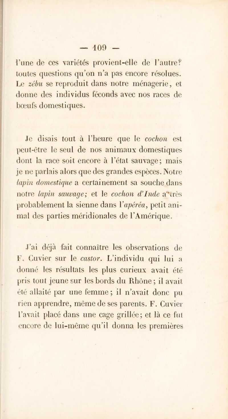 l’une de ces variétés provient-elle de l’autre? toutes questions qu’on n’a pas encore résolues. Le zébu se reproduit dans notre ménagerie, et donne des individus féconds avec nos races de bœufs domestiques. Je disais tout à l’heure que le cochon est peut-être le seul de nos animaux domestiques dont la race soit encore à l’état sauvage; mais je ne parlais alors que des grandes espèces. Notre lapin domestique a certainement sa souche dans notre lapin sauvage; et le cochon d’Inde adirés probablement la sienne dans Vapéréa, petit ani- mal des parties méridionales de l’Amérique. J’ai déjà fait connaître les observations de F. Cuvier sur le castor. L’individu qui lui a donné les résultats les plus curieux avait été pris tout jeune sur les bords du Rhône ; il avait été allaité par une femme ; il n’avait donc pu rien apprendre, même de ses parents. F. Cuvier l’avait placé dans une cage grillée; et là ce fut encore de lui-même qu’il donna les premières