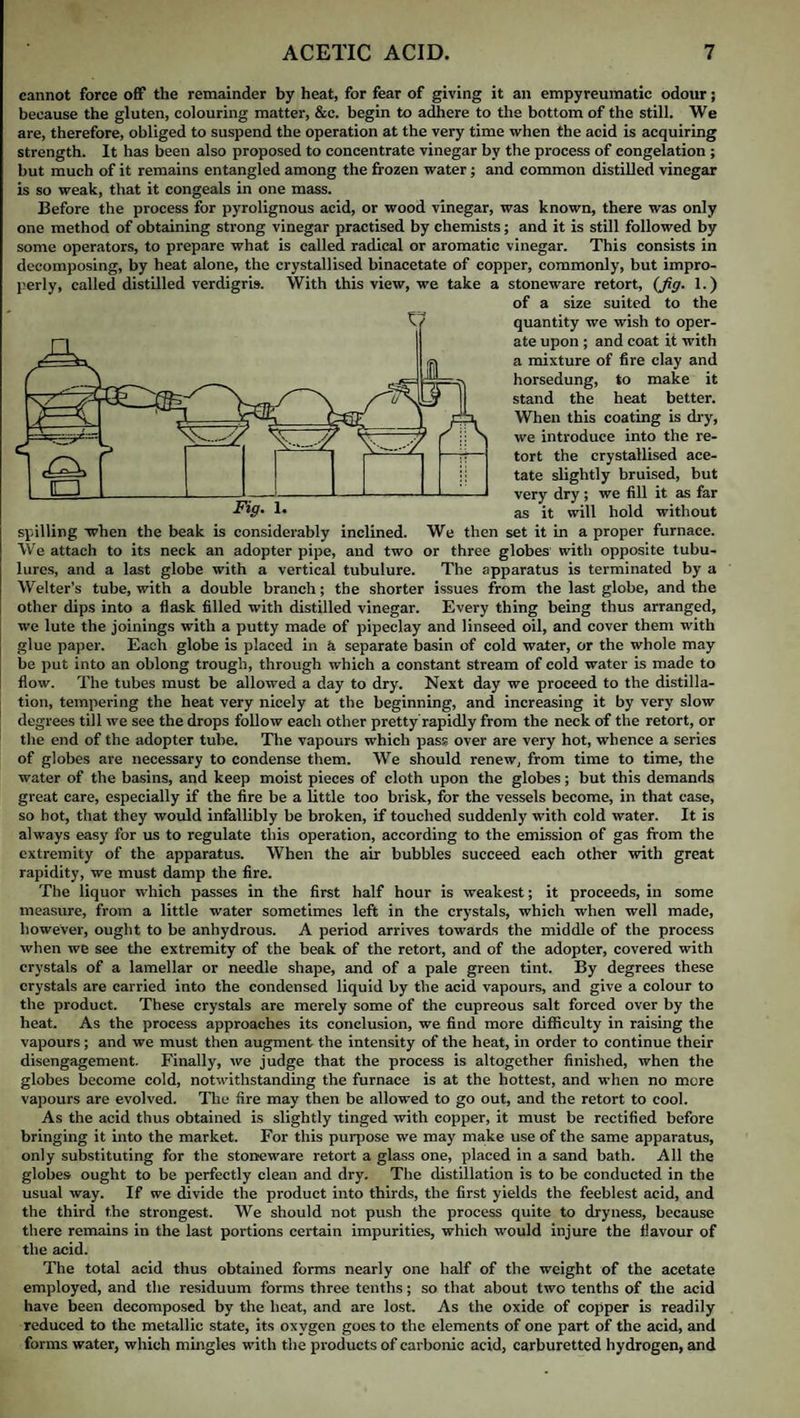 cannot force off the remainder by heat, for fear of giving it an erapyreumatic odour; because the gluten, colouring matter, &c. begin to adhere to the bottom of the still. We are, therefore, obliged to suspend the operation at the very time when the acid is acquiring strength. It has been also proposed to concentrate vinegar by the process of congelation; but much of it remains entangled among the frozen water; and common distilled vinegar is so weak, that it congeals in one mass. Before the process for pyrolignous acid, or wood vinegar, was known, there was only one method of obtaining strong vinegar practised by chemists; and it is still followed by some operators, to prepare what is called radical or aromatic vinegar. This consists in decomposing, by heat alone, the crystallised binacetate of copper, commonly, but impro¬ perly, called distilled verdigris. With this view, we take a stoneware retort, (Jig. 1.) of a size suited to the quantity we wish to oper¬ ate upon ; and coat it with a mixture of fire clay and horsedung, to make it stand the heat better. When this coating is dry, we introduce into the re¬ tort the crystallised ace¬ tate slightly bruised, but very dry; we fill it as far as it will hold without spilling when the beak is considerably inclined. We then set it in a proper furnace. We attach to its neck an adopter pipe, and two or three globes with opposite tubu- lures, and a last globe with a vertical tubulure. The apparatus is terminated by a Welter’s tube, with a double branch; the shorter issues from the last globe, and the other dips into a flask filled with distilled vinegar. Every thing being thus arranged, we lute the joinings with a putty made of pipeclay and linseed oil, and cover them with glue paper. Each globe is placed in a separate basin of cold water, or the whole may be put into an oblong trough, through which a constant stream of cold water is made to flow. The tubes must be allowed a day to dry. Next day we proceed to the distilla¬ tion, tempering the heat very nicely at the beginning, and increasing it by very slow degrees till we see the drops follow each other pretty rapidly from the neck of the retort, or the end of the adopter tube. The vapours which pass over are very hot, whence a series of globes are necessary to condense them. We should renew, from time to time, the water of the basins, and keep moist pieces of cloth upon the globes; but this demands great care, especially if the fire be a little too brisk, for the vessels become, in that case, so hot, that they would infallibly be broken, if touched suddenly with cold water. It is always easy for us to regulate this operation, according to the emission of gas from the extremity of the apparatus. When the air bubbles succeed each other with great rapidity, we must damp the fire. The liquor which passes in the first half hour is weakest; it proceeds, in some measure, from a little water sometimes left in the crystals, which when well made, however, ought to be anhydrous. A period arrives towards the middle of the process when we see the extremity of the beak of the retort, and of the adopter, covered with crystals of a lamellar or needle shape, and of a pale green tint. By degrees these crystals are carried into the condensed liquid by the acid vapours, and give a colour to the product. These crystals are merely some of the cupreous salt forced over by the heat. As the process approaches its conclusion, we find more difficulty in raising the vapours; and we must then augment the intensity of the heat, in order to continue their disengagement. Finally, we judge that the process is altogether finished, when the globes become cold, notwithstanding the furnace is at the hottest, and when no more vapours are evolved. The fire may then be allowed to go out, and the retort to cool. As the acid thus obtained is slightly tinged with copper, it must be rectified before bringing it into the market. For this purpose we may make use of the same apparatus, only substituting for the stoneware retort a glass one, placed in a sand bath. All the globes ought to be perfectly clean and dry. The distillation is to be conducted in the usual way. If we divide the product into thirds, the first yields the feeblest acid, and the third the strongest. We should not push the process quite to dryness, because there remains in the last portions certain impurities, which would injure the flavour of the acid. The total acid thus obtained forms nearly one half of the weight of the acetate employed, and the residuum forms three tenths; so that about two tenths of the acid have been decomposed by the heat, and are lost. As the oxide of copper is readily reduced to the metallic state, its oxygen goes to the elements of one part of the acid, and forms water, which mingles with the products of carbonic acid, carburetted hydrogen, and