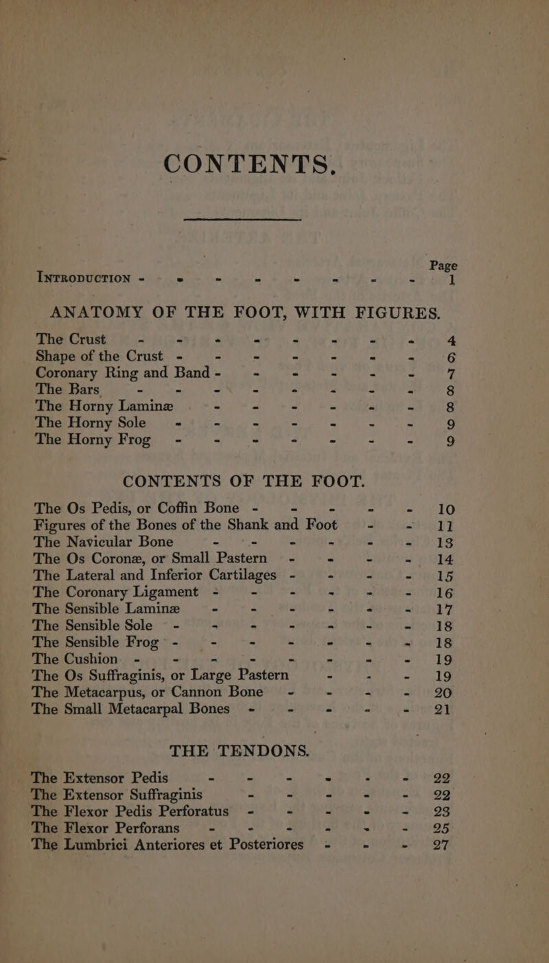 CONTENTS, Page INTRODUCTION - © - f . 3 : M 1 ANATOMY OF THE FOOT, WITH FIGURES. The Crust - ~ - Shape of the Crust - - Coronary Ring and Band - The Bars, - - The Horny Weraine The Horny Sole’ - The Horny Frog” - See Oh 68 Rk Weel heat aay ay. Smee eek ows FP oe pa Neva Yoon TI Neat Re eM ed hem ey tT Nees | © Oo OMWSD A CONTENTS OF THE FOOT. The Os Pedis, or Coffin Bone - - Ps er O Figures of the Bones of the Shank and Foot - at) SBE The Navicular Bone - - - - 34 att 2: 89 The Os Coronz, or Small Pastern’ - = i OTE The Lateral and Inferior walker - - - mls The Coronary Ligament - . . - Sete The Sensible Laminz - - - a - PTEYTS iy. The Sensible Sole = - - - - “ J uls The Sensible Frog - - ~ - - “ «18 The Cushion - - - = a Ps The Os Suffraginis, or Perec Baslorh = mare The Metacarpus, or Cannon Bone’ - - f: - 20 The Small Metacarpal Bones - - - ». «ier a} THE TENDONS. _ The Extensor Pedis - - = a M +) gg The Extensor Suffraginis - - - - - 22 The Flexor Pedis Perforatus - - 2 J ii gg The Flexor Perforans - - - re - 20495 The Lumbrici Anteriores et Posteriores = . ava