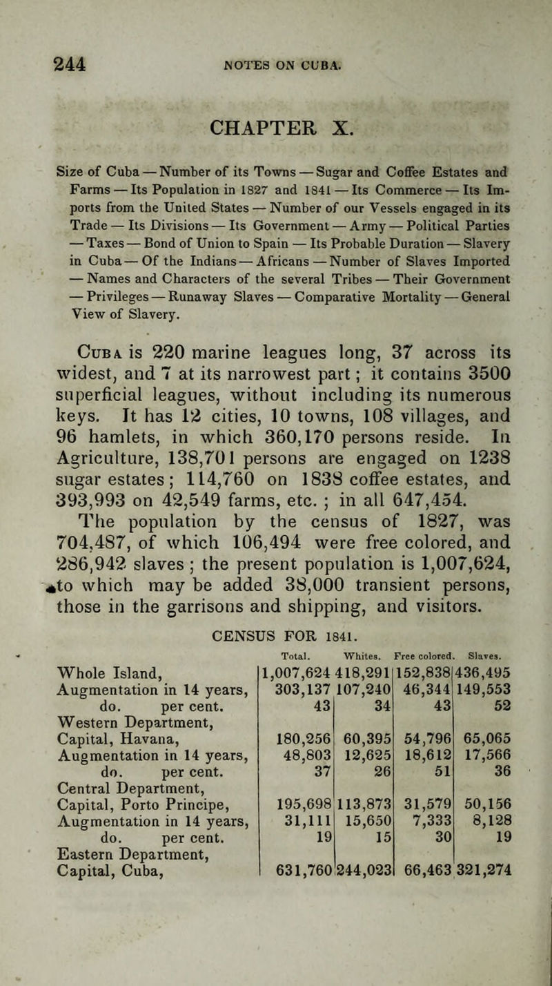 CHAPTER X. Size of Cuba — Number of its Towns — Sugar and Coffee Estates and Farms — Its Population in 1827 and 1841 — Its Commerce — Its Im¬ ports from the United States — Number of our Vessels engaged in its Trade — Its Divisions — Its Government — Army — Political Parties — Taxes— Bond of Union to Spain — Its Probable Duration — Slavery in Cuba—Of the Indians —Africans—Number of Slaves Imported — Names and Characters of the several Tribes — Their Government — Privileges — Runaway Slaves — Comparative Mortality — General View of Slavery. Cuba is 220 marine leagues long, 37 across its widest, and 7 at its narrowest part; it contains 3500 superficial leagues, without including its numerous keys. It has 12 cities, 10 towns, 108 villages, and 96 hamlets, in which 360,170 persons reside. In Agriculture, 138,701 persons are engaged on 1238 sugar estates; 114,760 on 1838 coffee estates, and 393,993 on 42,549 farms, etc. ; in all 647,454. The population by the census of 1827, was 704,487, of which 106,494 were free colored, and 286,942 slaves ; the present population is 1,007,624, *to which may be added 38,000 transient persons, those in the garrisons and shipping, and visitors. CENSUS FOR 1841. Total. Whites. Free colored. Slaves. Whole Island, Augmentation in 14 years, do. per cent. Western Department, Capital, Havana, Augmentation in 14 years, do. per cent. Central Department, Capital, Porto Principe, Augmentation in 14 years, do. per cent. Eastern Department, Capital, Cuba, 1,007,624 418,291 152,838 436,495 303,137 107,240 46,344 149,553 43 34 43 52 180,256 60,395 54,796 65,065 48,803 12,625 18,612 17,566 37 26 51 36 195,698 113,873 31,579 50,156 31,111 15,650 7,333 8,128 19 15 30 19 631,760 244,023 66,463 321,274