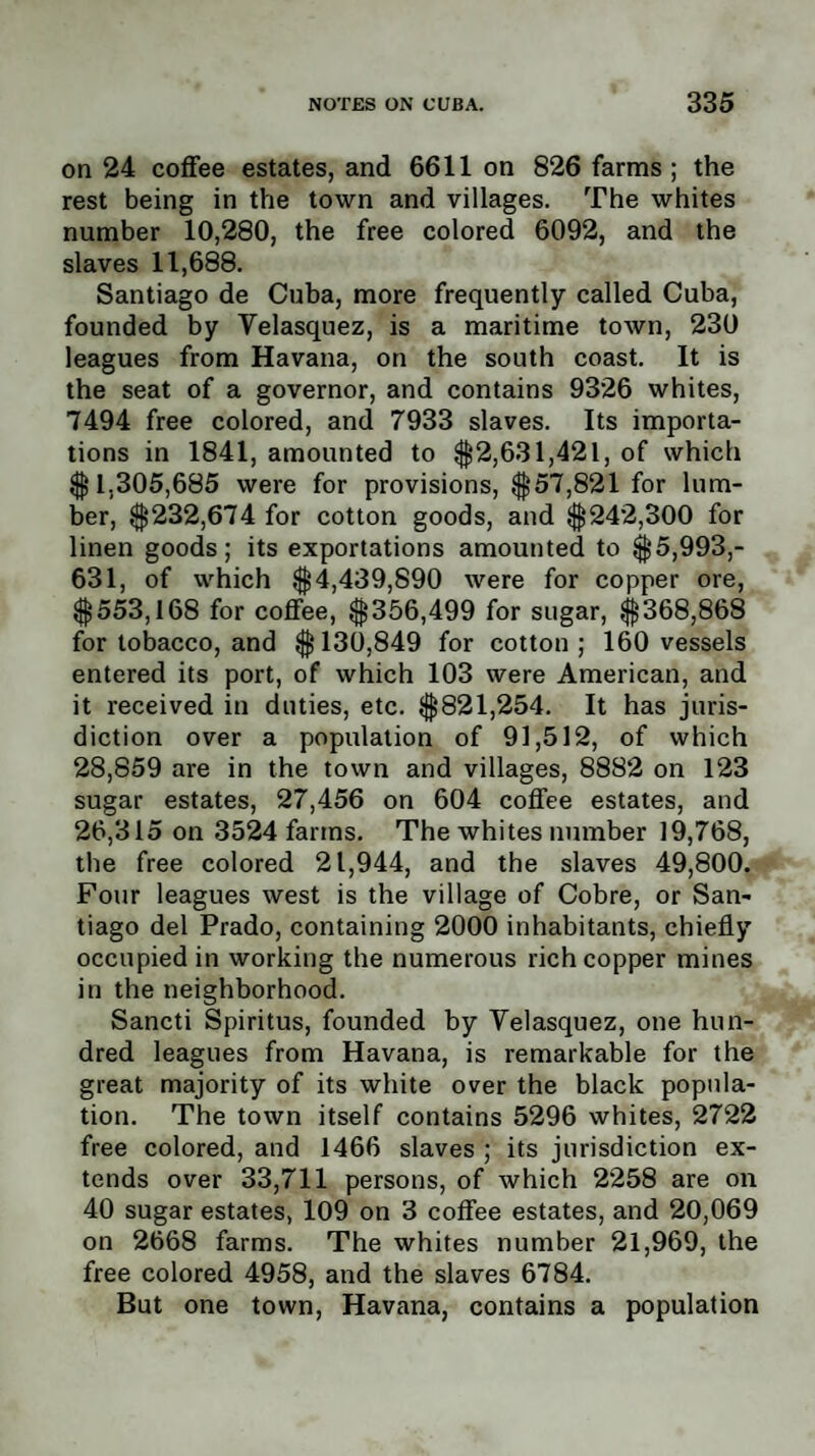 on 24 coffee estates, and 6611 on 826 farms ; the rest being in the town and villages. The whites number 10,280, the free colored 6092, and the slaves 11,688. Santiago de Cuba, more frequently called Cuba, founded by Yelasquez, is a maritime town, 230 leagues from Havana, on the south coast. It is the seat of a governor, and contains 9326 whites, 7494 free colored, and 7933 slaves. Its importa¬ tions in 1841, amounted to $2,631,421, of which $1,305,685 were for provisions, $57,821 for lum¬ ber, $232,674 for cotton goods, and $242,300 for linen goods; its exportations amounted to $5,993,- 631, of which $4,439,890 were for copper ore, $553,168 for coffee, $356,499 for sugar, $368,868 for tobacco, and $130,849 for cotton; 160 vessels entered its port, of which 103 were American, and it received in duties, etc. $821,254. It has juris¬ diction over a population of 91,512, of which 28,859 are in the town and villages, 8882 on 123 sugar estates, 27,456 on 604 coffee estates, and 26,315 on 3524 farms. The whites number 19,768, the free colored 21,944, and the slaves 49,800. Four leagues west is the village of Cobre, or San¬ tiago del Prado, containing 2000 inhabitants, chiefly occupied in working the numerous rich copper mines in the neighborhood. Sancti Spiritus, founded by Yelasquez, one hun¬ dred leagues from Havana, is remarkable for the great majority of its white over the black popula¬ tion. The town itself contains 5296 whites, 2722 free colored, and 1466 slaves ; its jurisdiction ex¬ tends over 33,711 persons, of which 2258 are on 40 sugar estates, 109 on 3 coffee estates, and 20,069 on 2668 farms. The whites number 21,969, the free colored 4958, and the slaves 6784. But one town, Havana, contains a population