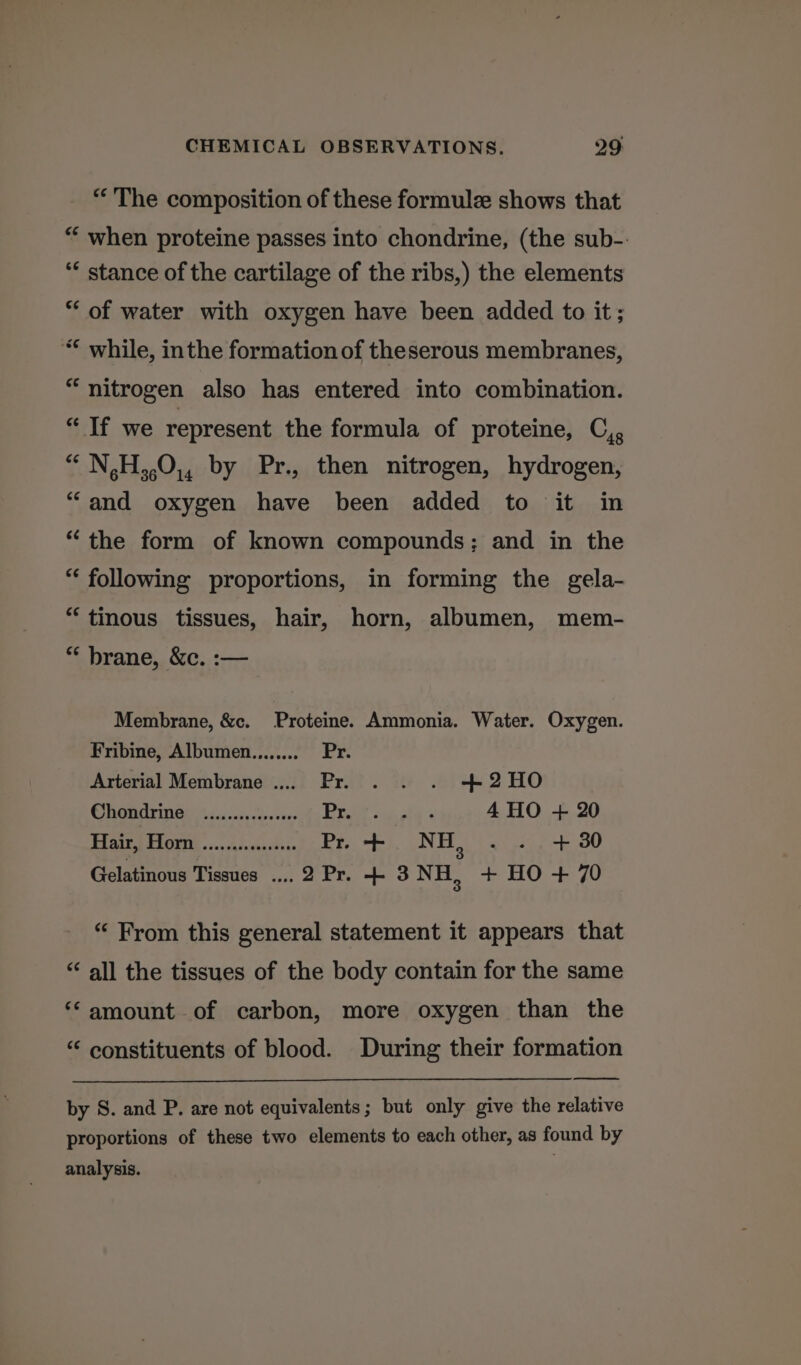 “The composition of these formule shows that “ when proteine passes into chondrine, (the sub-. ‘* stance of the cartilage of the ribs,) the elements “ of water with oxygen have been added to it; “* while, inthe formation of theserous membranes, “nitrogen also has entered into combination. “ If we represent the formula of proteine, C,, “ N,H,,0,, by Pr., then nitrogen, hydrogen, “and oxygen have been added to it in “the form of known compounds; and in the “ following proportions, in forming the gela- “tinous tissues, hair, horn, albumen, mem- * brane, &c. :— Membrane, &c. Proteine. Ammonia. Water. Oxygen. Fribine, Albumen........ Pr: Arterial Membrane .... Pr. . . . +-+-2HO CIN Os gon, 23, wa'ces Brae oa. tas 4 HO + 20 Hairs HOE «...-45.000c80a: Pr. + N H, ati oad Fee SO Gelatinous Tissues ....2 Pr. + 3NH, + HO + 70 “ From this general statement it appears that “ all the tissues of the body contain for the same ‘‘“amount of carbon, more oxygen than the “ constituents of blood. During their formation by S. and P. are not equivalents; but only give the relative proportions of these two elements to each other, as found by analysis.
