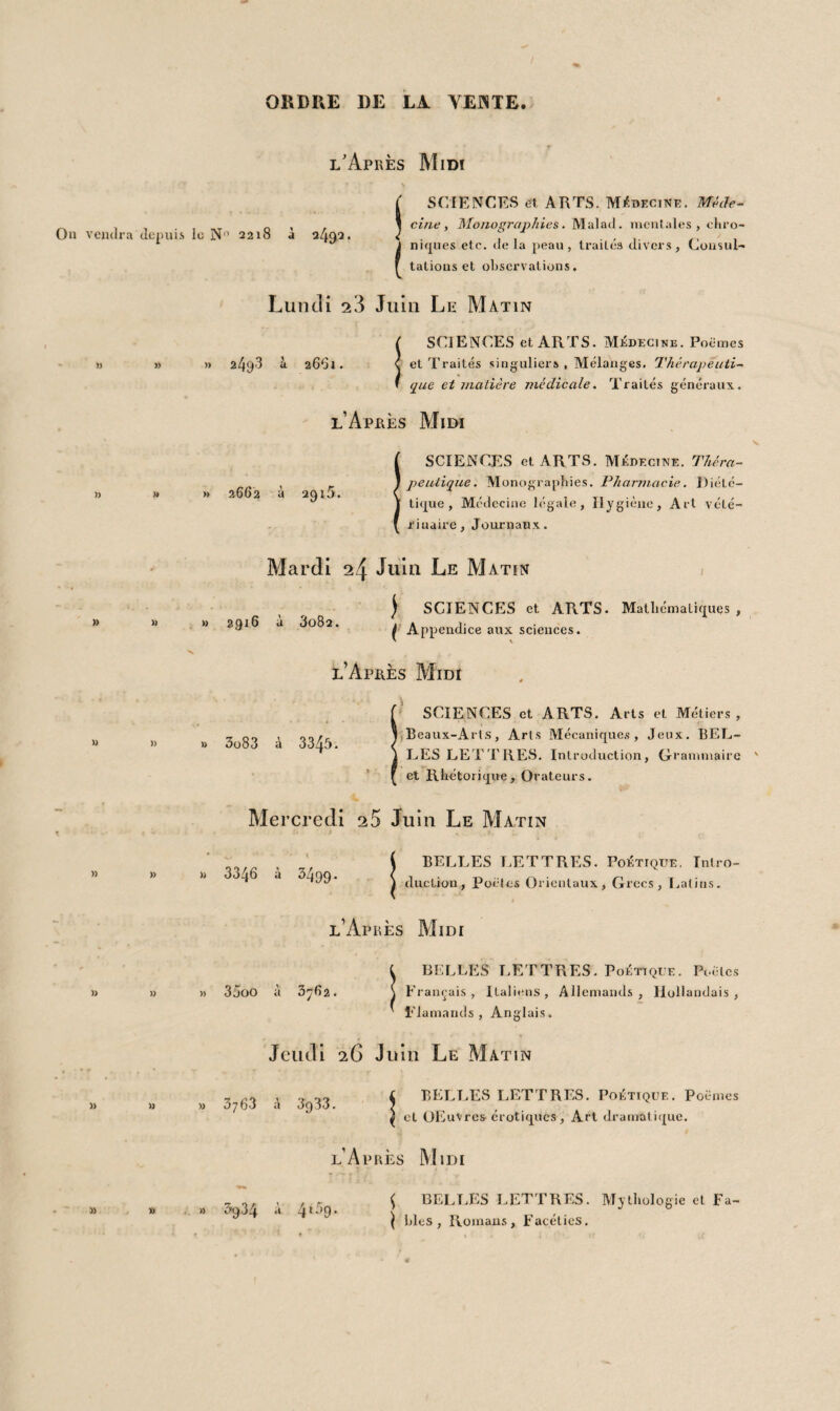 A UT B R ASIATIQUE. Introduction. tuteurs dramatiques grecs et latins. 8842 P. Le Brun , Discours sur la comédie, etc. Paris, 1731. in-ï 2 v . 3843 D’Aubignàc, La pratique du théâtre, yimst. 1715. 3 tom. 2 vol. in-12 v. 3844 Làrive, Cours de déclamation. Paris , i8o4* in-8° dem. rel. v. 3845 ( Lallouette ), Histoire et abrégé des ouvrages italiens et français pour et contre la comédie et Lopéra. Paris , ^ 1697. in-12 . v. Ouvrage devenu rare, 3846 ( Mann), Le pour et contre les spectacles. Mons, 1782. in-12 br. 38/f7 Geoffroy, Cours de littérature dramatique. Paris, 1819- 1820. 5 vol. in-8° dem. rel. v. non rog. 3848 Brumoy, Théâtre des Grecs. Paris, 1780-89. i3 vol. in-80 v. f. d’or fig. pap. fin. 3849 Eschyle, Tragédies (traduites par Lefranc de Pompignan). Paris, 1770. in-8° br. 3850 -Oreste ou les Coëphores , traduction nouvelle (par F. J. G, de la Porte Dutlieil ). Paris, 1770. in-8° br. 3851 Sophoclis Tragœdiæ quæ extant, cum versione latina. Glasguæ, Foulis, 1745. 2 vol. in-12 dem. rel. v. pap. fin. non rog. 3852 --- Tragédies, traduites par Artaud. Paris, 1827. 3 vol. in-32 hr. pap. vel. fig. 3853 Euripidis Tragœdiæ gr. et lat. interpretationem correxit Æmil. Portus, cum ejusdem et Gui. Caulus nolis. llcidelb. 1597. 2 vol. in-8° vel. Édition estimée. Voy. Brunet.