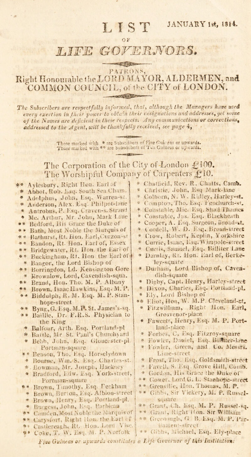 JANUARY 1st, 1314. L I S T OF LIFE GOVERNORS. PATRONS, Ronouiable Use LORD MA YOU, ALDERMEN, and “COMMON COUNCIL, of Me CITY of LONDON. The Subscribers are respectfully informed, that, although the Managers have used every exertion in their power to obtain their resignations and addresses, yet some of the Names are de ficient in these respects. Any communications or corrections^ addressed to the Agent, will be thankfully received, see page 4, Those marked with * are Subscribers of Five Oui. was or upwards. Those marked v/ith are bubsenbers of Ion Guineas or upv*,ards. The Corporation of the City of London £ 100, The Worshipful Company of Carpenters £10. ** Aylesbury, Right Hon. Earl of * Abbot, Rob. Esq. South Sea Cham. * Adolphus, John, Esq. Warren-sf. * Anderson, Alex. Esq. Phi I pot-lane * Anfrobus, P. Esq. Cravcn-s. Strand * Me. Arthur, Mr. John, Mark l ane ** Bedford, It is Grace the Duke of ** Bath, Most Noble the Marquis of * * Bathurst, lit. Don. Karl,Curgon-sf * * fjandon, Rt. Bon. Lari'ol, Essex * * Bridgewater, Rt. Bon, the Earl of ** Buckingham, Rt. Hon the Earl of• * Bangor, the Lord Bishop of ** Borringdon, Ld. Kensington Gore * Krowniow, Lord, Cavendish-squa. ** Brand, Hon. Tho. M. P. Albany ** Brown, Isaac Hawkins, Esq. M.P. ** Biddulph, R. M. Esq. M. P. Stan¬ hope-street ** Byng,G. Esq. M.P. St. James’s-sq. ** Baillie, Dr. F.R.S. Physician to the King * Balfour, Arth. Esq. Portland-pl * Battle, Mr St. Paul’s Churchyard * Bebb, John, Esq. Glouccster-pl. Portinan-square ** Benson, Tho, Esq. Horselydown * Bourne, Win. S. Esq. Charles-st. ; *. Bowman, Mr, Joseph, Hackney * Bradford, Edw. Esq. A’ork-street, I Porfman-square ** Brown, Timothy, Esq. Peckharn * Brown, Burton, Esq. Albion-street * Brown, Henry, Esq. Portland-pl. * Burgess, John, Esq. Barbican ** (;anu!en,MostiNoble the Marquis of ** Carysfort, Right Hon. five Earl of Castlereaglv, lit. Hon. Lord Vise. ** Coke, T. W. Esq. M. P. Norfolk * ObaUield, Rev. R. Chatts, Camb. * Christie. John, Esq .Mark-lane * Co Thorn, JN. W. Ridley, Harley-st. * Compton, Tho, Esq. T'enchureh-st. * Constable, Mic. Esq. Sfia.fi Thames * Constable, Jas. Esq. Bbckbeath * Cooper, A. Esq. Surgeon, 3road-it. * Cordell, W. D. Esq. Broad-sireet * Ciow, Robert, . Keplin, Yorkshire * Currie, Isaac, Esq, W impole-street * Curtis, Samuel, Esq. Bill iter Lane * Darnley, Rt. lion. Earl of, Berke¬ ley-.square * Durham, Lord Bishop of. Caven¬ dish-square * Dighy, Capt. Henry, Harley-street * Dixon, Charles, Esq. Portland-pl. * Ely, Lord Bishop of ** Eliot, Hon, W. M.P. Clcvelaad-ct. * Fitzwilliam, Right Hon. Earl, Grosvenor-place. * Fawcett, Henry, Esq. M. P. Port- land-place * Forbes, C. Esq. Fitzroy-square * Fowler, Daniel, Esq. Bilfitcr-lane * Fowler, Green, and Co. Messrs. Lime-street * Frost, Tho. Esq. Goldsmith-street * Faveil, S. Esq Grove Hill, Dumb. * Gordon, His Grace the Duke of ** Gower, Lord G: L. Stan hope-street ** Grenville, lion. Thomas, M. f*. ** Gibbs, Sir Vickery, M. P, Russel- square ** Grant, Ch. Esq. M. P. Russel-sq. ** Grani, Right Hon. Sir William ** Greenough, O B. Esq. M. P. Par- s lament-street * * Gibbs, Michael, Esq. lily-place