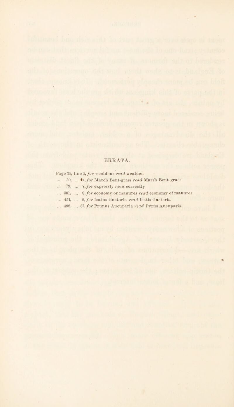 ERRATA. Page 35, line 5, for wealdens read wealden 50, ... 14, for March Bent-grass read Marsh Bent-grass 79, ... 7, for expressly read correctly ... 301, ... 8, for economy or manures read economy of raanur ... 451, ... 9, for Isatus tinctoria read Isa.tis tinctoria ... 498, ... 37,/or Prunus Aucuparia read Pyrus Aucuparia