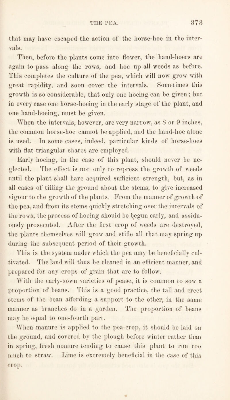 that may have escaped the action of the horse-hoe in the inter¬ vals. Then, before the plants come into flower, the hand-hoers are again to pass along the rows, and hoe up all weeds as before. This completes the culture of the pea, which will now grow with great rapidity, and soon cover the intervals. Sometimes this growth is so considerable, that only one hoeing can be given; but in every case one horse-hoeing in the early stage of the plant, and one hand-hoeing, must be given. When the intervals, however, are very narrow, as 8 or 9 inches, the common liorse-hoe cannot be applied, and the hand-hoe alone is used. In some cases, indeed, particular kinds of horse-hoes with flat triangular shares are employed. Early hoeing, in the case of this plant, should never be ne¬ glected. The effect is not only to repress the growth of weeds until the plant shall have acquired sufficient strength, but, as in all cases of tilling the ground about the stems, to give increased vigour to the growth of the plants. From the manner of growth of the pea, and from its stems quickly stretching over the intervals of the rows, the process of hoeing should be begun early, and assidu¬ ously prosecuted. After the first crop of weeds are destroyed, the plants themselves will grow and stifle all that may spring up during the subsequent period of their growth. This is the system under which the pea may be beneficially cul¬ tivated. The land will thus be cleaned in an efficient manner, and prepared for any crops of grain that are to follow. With the early-sown varieties of pease, it is common to sow a proportion of beans. This is a good practice, the tall and erect stems of the bean affording a support to the other, in the same manner as branches do in a garden. The proportion of beans may be equal to one-fourth part. When manure is applied to the pea-crop, it should be laid on the ground, and covered by the plough before winter rather than in spring, fresh manure tending to cause this plant to run too much to straw. Lime is extremely beneficial in the case of this crop.