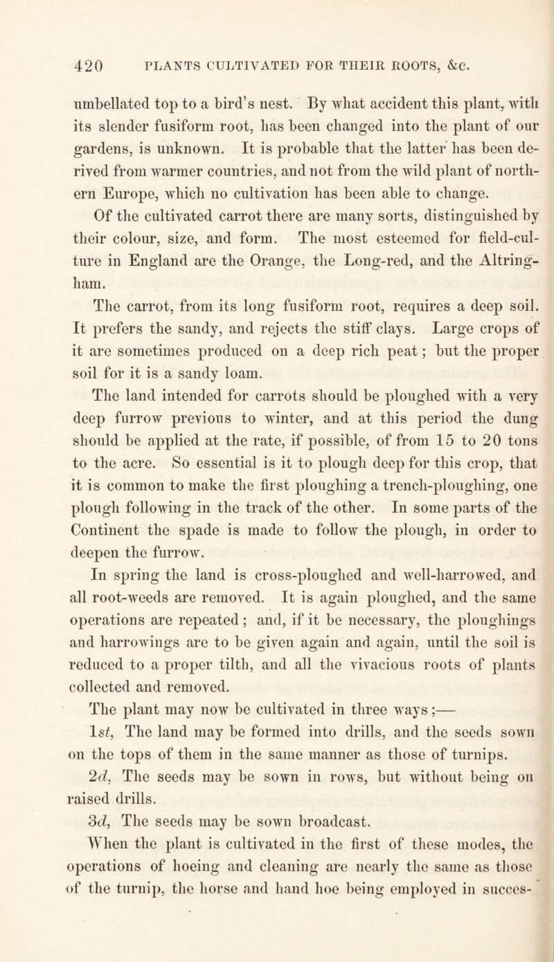 umbellated top to a bird’s nest. By what accident this plant, with its slender fusiform root, lias been changed into the plant of our gardens, is unknown. It is probable that the latter has been de¬ rived from warmer countries, and not from the wild plant of north¬ ern Europe, which no cultivation has been able to change. Of the cultivated carrot there are many sorts, distinguished by their colour, size, and form. The most esteemed for field-cul¬ ture in England are the Orange, the Long-red, and the Altring- ham. The carrot, from its long fusiform root, requires a deep soil. It prefers the sandy, and rejects the stiff clays. Large crops of it are sometimes produced on a deep rich peat; but the proper soil for it is a sandy loam. The land intended for carrots should be ploughed with a very deep furrow previous to winter, and at this period the dung should be applied at the rate, if possible, of from 15 to 20 tons to the acre. So essential is it to plough deep for this crop, that it is common to make the first ploughing a trench-ploughing, one plough following in the track of the other. In some parts of the Continent the spade is made to follow the plough, in order to deepen the furrow. In spring the land is cross-ploughed and well-harrowed, and all root-weeds are removed. It is again ploughed, and the same operations are repeated; and, if it be necessary, the ploughing^ and harrowings are to be given again and again, until the soil is reduced to a proper tilth, and all the vivacious roots of plants collected and removed. The plant may now be cultivated in three ways;— 1st, The land may be formed into drills, and the seeds sown on the tops of them in the same manner as those of turnips. 2d, The seeds may be sown in rows, but without being on raised drills. 3d, The seeds may be sown broadcast. When the plant is cultivated in the first of these modes, the operations of hoeing and cleaning are nearly the same as those of the turnip, the horse and hand hoe being employed in succes-