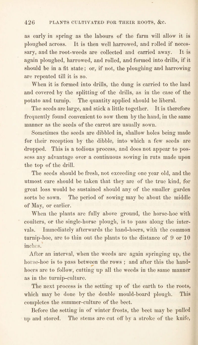 as early in spring as the labours of the farm will allow it is ploughed across. It is then well harrowed, and rolled if neces¬ sary, and the root-weeds are collected and carried away. It is again ploughed, harrowed, and roiled, and formed into drills, if it should be in a fit state; or, if not, the ploughing and harrowing are repeated till it is so. When it is formed into drills, the dung is carried to the land and covered by the splitting of the drills, as in the case of the potato and turnip. The quantity applied should be liberal. The seeds are large, and stick a little together. It is therefore frequently found convenient to sow them by the hand, in the same manner as the seeds of the carrot are usually sown. Sometimes the seeds are dibbled in, shallow holes being made for their reception by the dibble, into which a few seeds are dropped. This is a tedious process, and does not appear to pos¬ sess any advantage over a continuous sowing in ruts made upon the top of the drill. The seeds should be fresh, not exceeding one year old, and the utmost care should be taken that they are of the true kind, for great loss would be sustained should any of the smaller garden sorts be sown. The period of sowing may be about the middle of May, or earlier. When the plants are fully above ground, the horse-hoe with coulters, or the single-horse plough, is to pass along the inter¬ vals. Immediately afterwards the hand-hoers, with the common turnip-hoe, are to thin out the plants to the distance of 9 or 10 inches. After an interval, when the weeds are again springing up, the horse-hoe is to pass between the rows ; and after this the hand- hoers are to follow, cutting up all the weeds in the same manner as in the turnip-culture. The next process is the setting up of the earth to the roots, which may be done by the double mould-board plough. This completes the summer-culture of the beet. Before the setting in of winter frosts, the beet may be pulled up and stored. The stems are cut off* by a stroke of the knife,