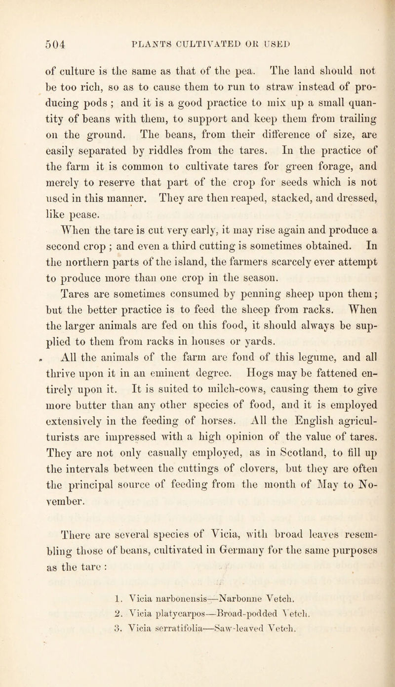 of culture is the same as that of the pea. The land should not be too rich, so as to cause them to run to straw instead of pro¬ ducing pods ; and it is a good practice to mix up a small quan¬ tity of beans with them, to support and keep them from trailing on the ground. The beans, from their difference of size, are easily separated by riddles from the tares. In the practice of the farm it is common to cultivate tares for green forage, and merely to reserve that part of the crop for seeds which is not used in this manner. They are then reaped, stacked, and dressed, like pease. When the tare is cut very early, it may rise again and produce a second crop ; and even a third cutting is sometimes obtained. In the northern parts of the island, the farmers scarcely ever attempt to produce more than one crop in the season. Tares are sometimes consumed by penning sheep upon them; hut the better practice is to feed the sheep from racks. When the larger animals are fed on this food, it should always he sup¬ plied to them from racks in houses or yards. All the animals of the farm are fond of this legume, and all thrive upon it in an eminent degree. Hogs may be fattened en¬ tirely upon it. It is suited to milch-cows, causing them to give more butter than any other species of food, and it is employed extensively in the feeding of horses. All the English agricul¬ turists are impressed with a high opinion of the value of tares. They are not only casually employed, as in Scotland, to fill up the intervals between the cuttings of clovers, but they are often the principal source of feeding from the month of May to No¬ vember. There are several species of Yicia, with broad leaves resem¬ bling those of beans, cultivated in Germany for the same purposes as the tare : 1. Vicia narbonensis—Narbonne Vetch. 2. Vicia platycarpos—Broad-podded Vetch. 3. Vicia serratifolia—Saw-leaved Vetch.