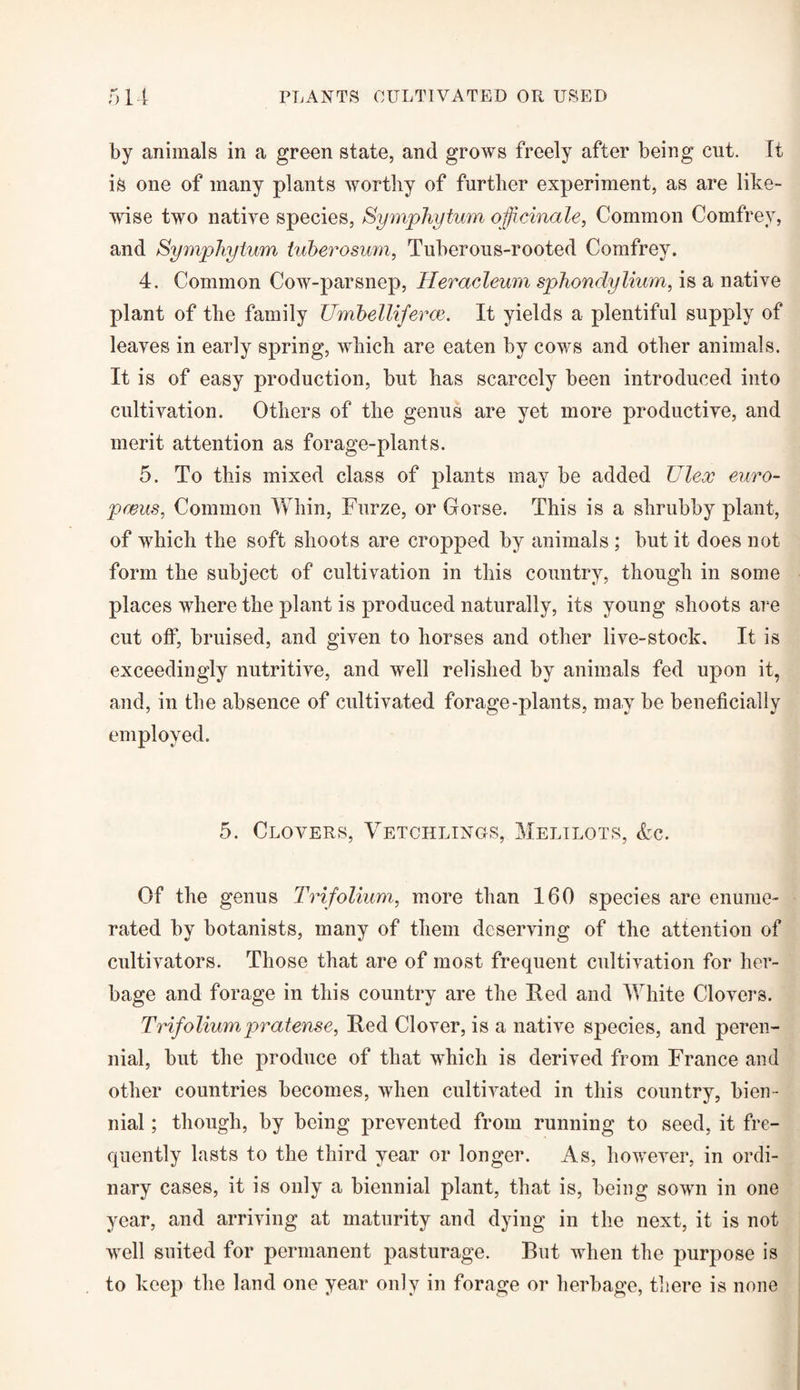 by animals in a green state, and grows freely after being cut. It is one of many plants worthy of further experiment, as are like¬ wise two native species, Symphytum officinale, Common Comfrey, and Symphytum tuberosum, Tuberous-rooted Comfrey. 4. Common Cow-parsnep, Heracleum sphondylium, is a native plant of the family Umbelliferce. It yields a plentiful supply of leaves in early spring, which are eaten by cows and other animals. It is of easy production, but has scarcely been introduced into cultivation. Others of the genus are yet more productive, and merit attention as forage-plants. 5. To this mixed class of plants may be added Ulex euro- pmus, Common Whin, Furze, or Gorse. This is a shrubby plant, of which the soft shoots are cropped by animals ; but it does not form the subject of cultivation in this country, though in some places where the plant is produced naturally, its young shoots are cut olf, bruised, and given to horses and other live-stock. It is exceedingly nutritive, and well relished by animals fed upon it, and, in the absence of cultivated forage-plants, may be beneficially employed. 5. Clovers, Vetchlings, Melilots, &c. Of the genus Trifolium, more than 160 species are enume¬ rated by botanists, many of them deserving of the attention of cultivators. Those that are of most frequent cultivation for her¬ bage and forage in this country are the Red and White Clovers. Trifoliumpratense, Red Clover, is a native species, and peren¬ nial, but the produce of that which is derived from France and other countries becomes, when cultivated in this country, bien¬ nial ; though, by being prevented from running to seed, it fre¬ quently lasts to the third year or longer. As, however, in ordi¬ nary cases, it is only a biennial plant, that is, being sown in one year, and arriving at maturity and dying in the next, it is not well suited for permanent pasturage. But when the purpose is to keep the land one year only in forage or herbage, there is none