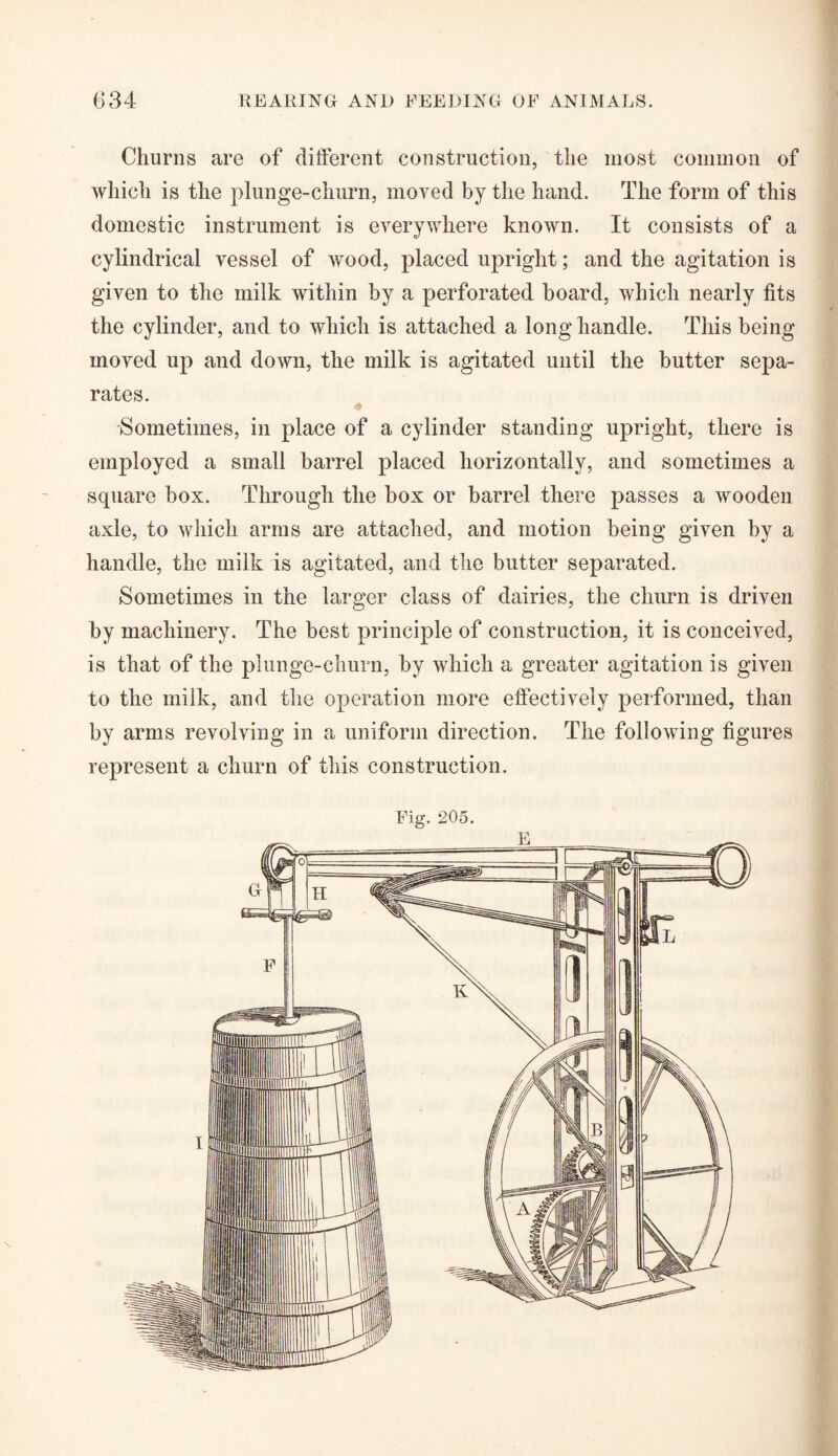 Churns are of different construction, the most common of which is the plunge-churn, moved by the hand. The form of this domestic instrument is everywhere known. It consists of a cylindrical vessel of wood, placed upright; and the agitation is given to the milk within by a perforated board, which nearly fits the cylinder, and to which is attached a long handle. This being moved up and down, the milk is agitated until the butter sepa¬ rates. ■ Sometimes, in place of a cylinder standing upright, there is employed a small barrel placed horizontally, and sometimes a square box. Through the box or barrel there passes a wooden axle, to which arms are attached, and motion being given by a handle, the milk is agitated, and the butter separated. Sometimes in the larger class of dairies, the churn is driven by machinery. The best principle of construction, it is conceived, is that of the plunge-churn, by which a greater agitation is given to the milk, and the operation more effectively performed, than by arms revolving in a uniform direction. The following figures represent a churn of this construction. Fig. 205.