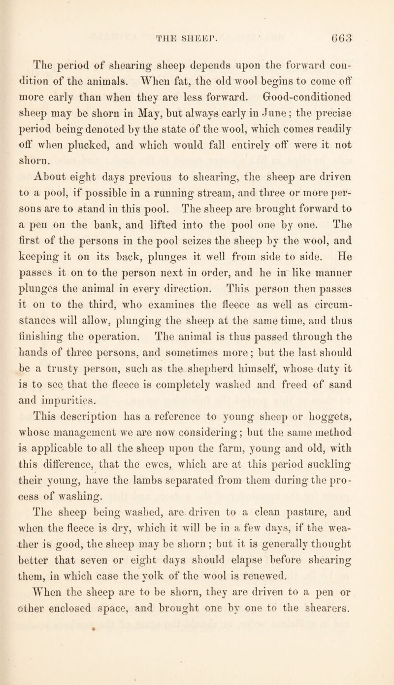 The period of shearing sheep depends upon the forward con¬ dition of the animals. When fat, the old wool begins to come off' more early than when they are less forward. Good-conditioned sheep may be shorn in May, but always early in June ; the precise period being denoted by the state of the wool, which conies readily oflf when plucked, and which would fall entirely off were it not shorn. About eight days previous to shearing, the sheep are driven to a pool, if possible in a running stream, and three or more per¬ sons are to stand in this pool. The sheep are brought forward to a pen on the bank, and lifted into the pool one by one. The first of the persons in the pool seizes the sheep by the wool, and keeping it on its hack, plunges it well from side to side. He passes it on to the person next in order, and he in like manner plunges the animal in every direction. This person then passes it on to the third, who examines the fleece as well as circum¬ stances will allow, plunging the sheep at the same time, and thus finishing the operation. The animal is thus passed through the hands of three persons, and sometimes more; but the last should be a trusty person, such as the shepherd himself, whose duty it is to see that the fleece is completely washed and freed of sand and impurities. This description has a reference to young sheep or hoggets, whose management we are now considering; but the same method is applicable to all the sheep upon the farm, young and old, with this difference, that the ewes, which are at this period suckling their young, have the lambs separated from them during the pro¬ cess of washing. The sheep being washed, are driven to a clean pasture, and when the fleece is dry, which it will be in a few days, if the wea¬ ther is good, the sheep may be shorn ; but it is generally thought better that seven or eight days should elapse before shearing them, in which case the yolk of the wool is renewed. When the sheep are to be shorn, they are driven to a pen or other enclosed space, and brought one by one to the shearers.