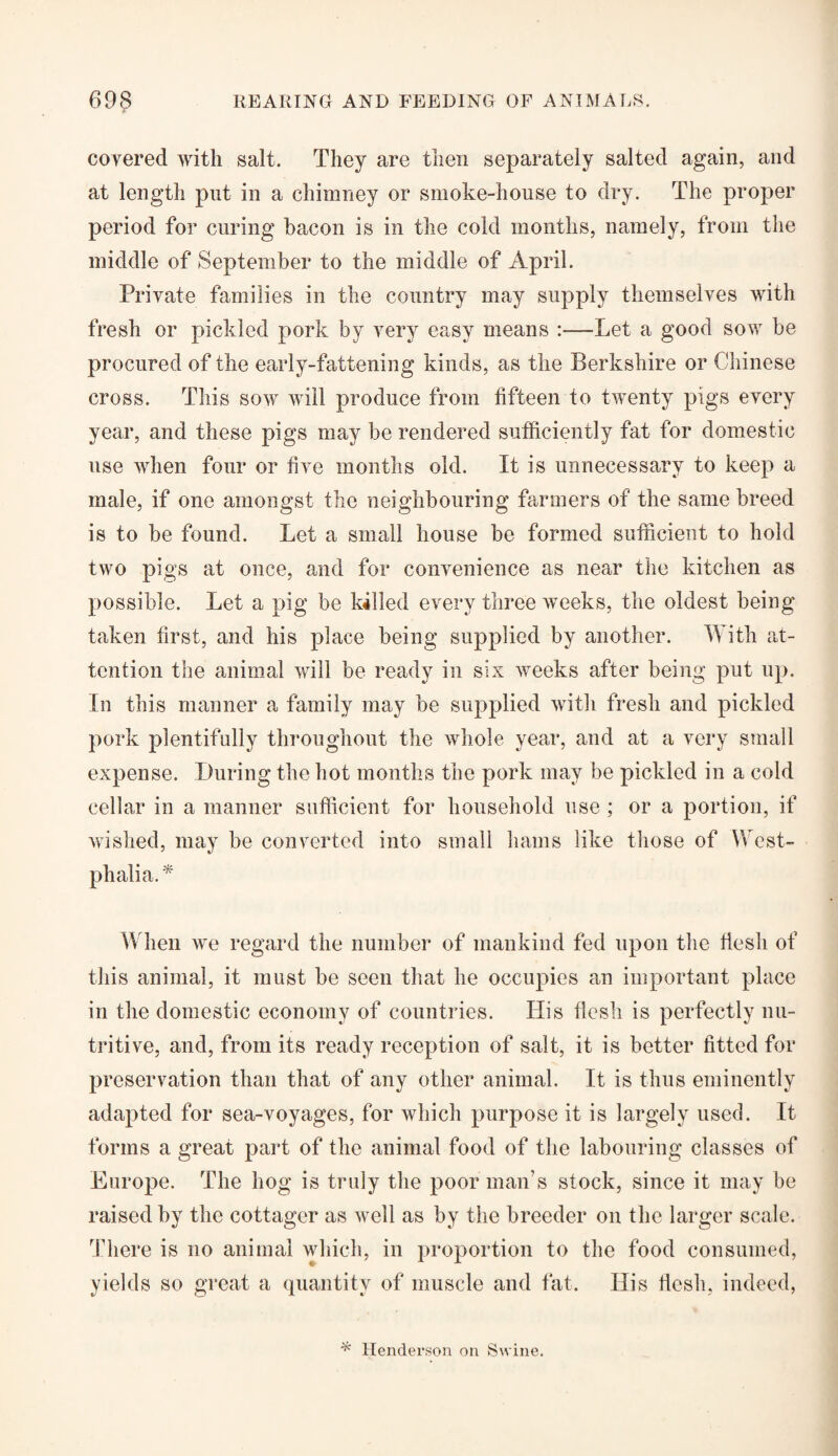 covered with salt. They are then separately salted again, and at length put in a chimney or smoke-house to dry. The proper period for curing bacon is in the cold months, namely, from the middle of September to the middle of April. Private families in the country may supply themselves with fresh or pickled pork by very easy means :—Let a good sow be procured of the early-fattening kinds, as the Berkshire or Chinese cross. This sow will produce from fifteen to twenty pigs every year, and these pigs may be rendered sufficiently fat for domestic use when four or five months old. It is unnecessary to keep a male, if one amongst the neighbouring farmers of the same breed is to be found. Let a small house be formed sufficient to hold two pigs at once, and for convenience as near the kitchen as possible. Let a pig be killed every three weeks, the oldest being taken first, and his place being supplied by another. With at¬ tention the animal will be ready in six weeks after being put up. In this manner a family may be supplied with fresh and pickled pork plentifully throughout the whole year, and at a very small expense. During the hot months the pork may be pickled in a cold cellar in a manner sufficient for household use ; or a portion, if wished, may be converted into small hams like those of West¬ phalia. * When we regard the number of mankind fed upon the flesh of this animal, it must be seen that he occupies an important place in the domestic economy of countries. His flesh is perfectly nu¬ tritive, and, from its ready reception of salt, it is better fitted for preservation than that of any other animal. It is thus eminently adapted for sea-voyages, for which purpose it is largely used. It forms a great part of the animal food of the labouring classes of Europe. The hog is truly the poor man’s stock, since it may be raised by the cottager as well as by the breeder on the larger scale. There is no animal which, in proportion to the food consumed, yields so great a quantity of muscle and fat. His flesh, indeed, * Henderson on Swine.