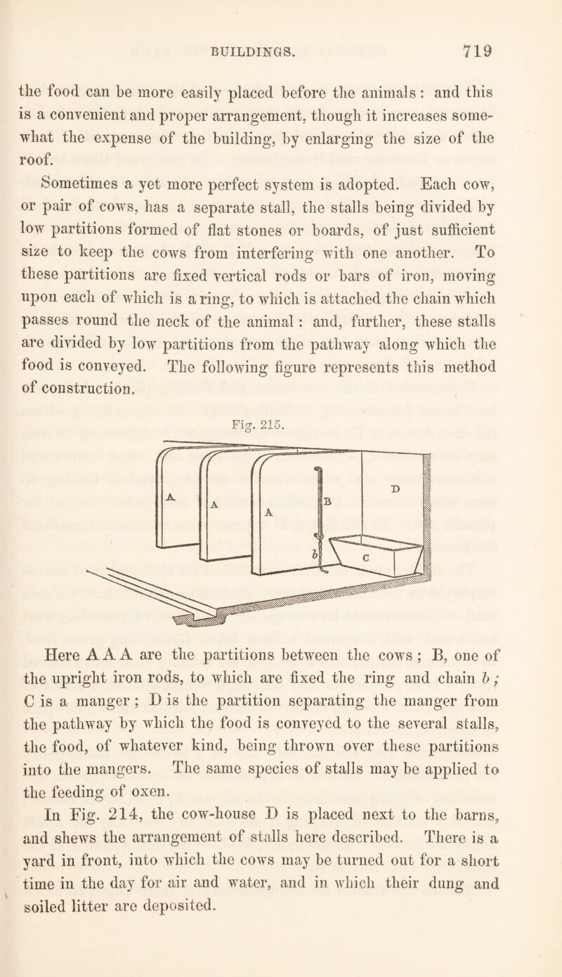 the food can be more easily placed before the animals: and this is a convenient and proper arrangement, though it increases some¬ what the expense of the building, by enlarging the size of the roof. Sometimes a yet more perfect system is adopted. Each cow, or pair of cows, has a separate stall, the stalls being divided by low partitions formed of flat stones or boards, of just sufficient size to keep the cows from interfering with one another. To these partitions are fixed vertical rods or bars of iron, moving upon each of which is a ring, to which is attached the chain which passes round the neck of the animal: and, further, these stalls are divided by low partitions from the pathway along which the food is conveyed. The following figure represents this method of construction. Pis. 215. o Here AAA are the partitions between the cows ; B, one of the upright iron rods, to which are fixed the ring and chain b ; C is a manger ; D is the partition separating the manger from the pathway by which the food is conveyed to the several stalls, the food, of whatever kind, being thrown over these partitions into the mangers. The same species of stalls may be applied to the feeding of oxen. In Fig. 214, the cow-house D is placed next to the barns, and shews the arrangement of stalls here described. There is a yard in front, into which the cows may be turned out for a short time in the day for air and water, and in which their dung and soiled litter are deposited.