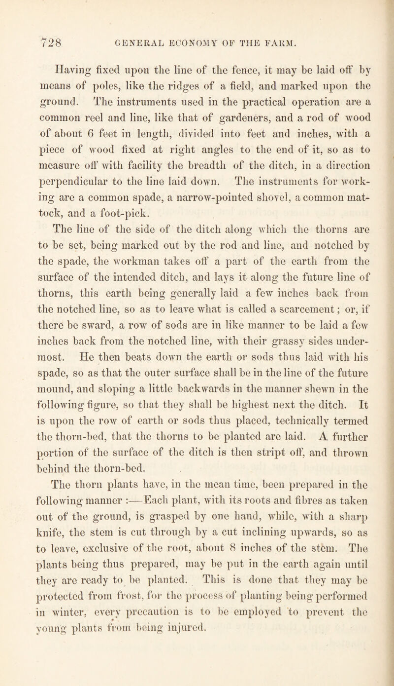 Having fixed upon flic line of the fence, it may be laid off' by means of poles, like the ridges of a field, and marked upon the ground. The instruments used in the practical operation are a common reel and line, like that of gardeners, and a rod of wood of about 6 feet in length, divided into feet and inches, with a piece of wood fixed at right angles to the end of it, so as to measure off with facility the breadth of the ditch, in a direction perpendicular to the line laid down. The instruments for work¬ ing are a common spade, a narrow-pointed shovel, a common mat¬ tock, and a foot-pick. The line of the side of the ditch along which the thorns are to be set, being marked out by the rod and line, and notched by the spade, the workman takes off a part of the earth from the surface of the intended ditch, and lays it along the future line of thorns, this earth being generally laid a few inches back from the notched line, so as to leave what is called a scarcement; or, if there be sward, a row of sods are in like manner to be laid a few inches back from the notched line, with their grassy sides under¬ most. He then beats down the earth or sods thus laid with his spade, so as that the outer surface shall be in the line of the future mound, and sloping a little backwards in the manner shewn in the following figure, so that they shall be highest next the ditch. It is upon the row of earth or sods thus placed, technically termed the thorn-bed, that the thorns to be planted are laid. A further portion of the surface of the ditch is then stript off, and thrown behind the thorn-bed. The thorn plants have, in the mean time, been prepared in the following manner :—Each plant, with its roots and fibres as taken out of the ground, is grasped by one hand, while, with a sharp knife, the stem is cut through by a cut inclining upwards, so as to leave, exclusive of the root, about 8 inches of the stem. The plants being thus prepared, may be put in the earth again until they are ready to be planted. This is done that they may be protected from frost, for the process of planting being performed in winter, every precaution is to be employed to prevent the young plants from being injured.