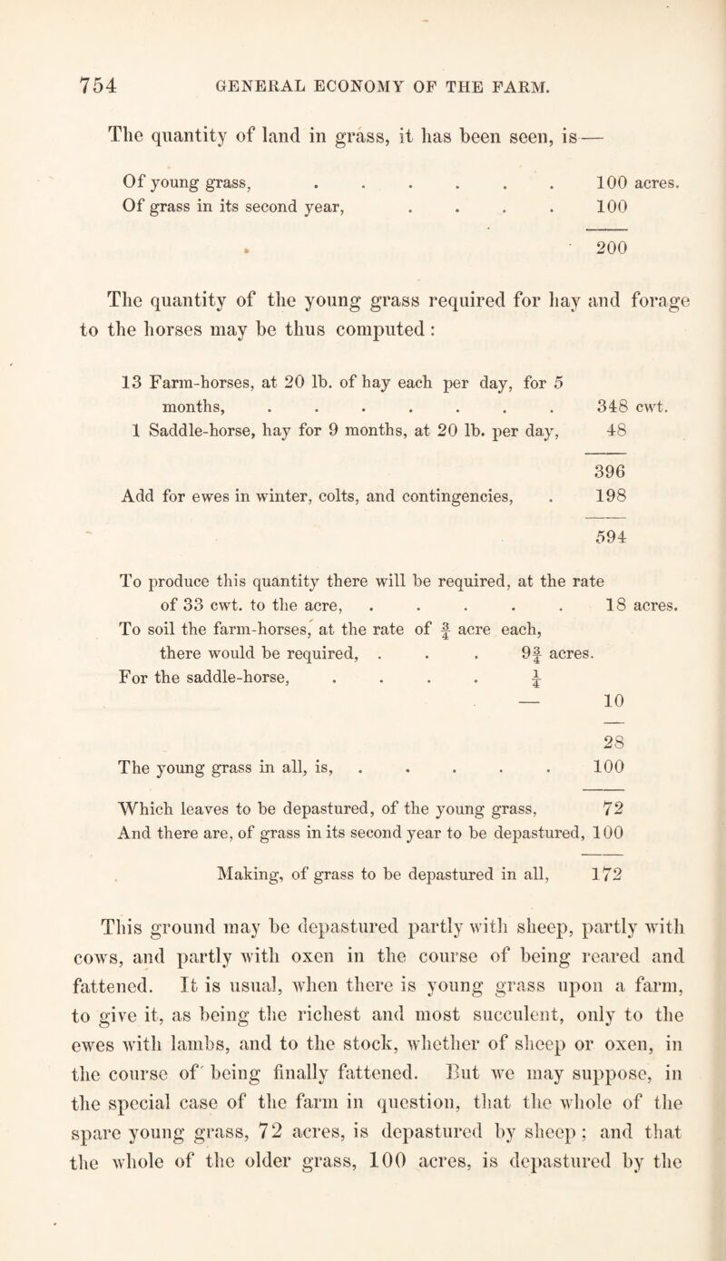 The quantity of land in grass, it has been seen, is— Of young grass, . . . . . . 100 acres. Of grass in its second year, . . . . 100 . 200 The quantity of the young grass required for hay and forage to the horses may be thus computed: 13 Farm-horses, at 20 lb. of hay each per day, for 5 months, ....... 348 cwt. 1 Saddle-horse, hay for 9 months, at 20 lb. per day, 48 396 Add for ewes in winter, colts, and contingencies, . 198 594 To produce this quantity there will be required, at the rate of 33 cwt. to the acre, . . . . . 18 acres. To soil the farm-horses, at the rate of f acre each, there would be required, . . . 9§ acres. For the saddle-horse, .... ^ — 10 28 The young grass in all, is, . . . . 100 Which leaves to be depastured, of the young grass, 72 And there are, of grass in its second year to be depastured, 100 Making, of grass to be depastured in all, 172 This ground may be depastured partly with sheep, partly with cows, and partly with oxen in the course of being reared and fattened. It is usual, when there is young grass upon a farm, to give it, as being the richest and most succulent, only to the ewes with lambs, and to the stock, whether of sheep or oxen, in the course of being finally fattened. But we may suppose, in the special case of the farm in question, that the whole of the spare young grass, 72 acres, is depastured by sheep; and that the whole of the older grass, 100 acres, is depastured by the