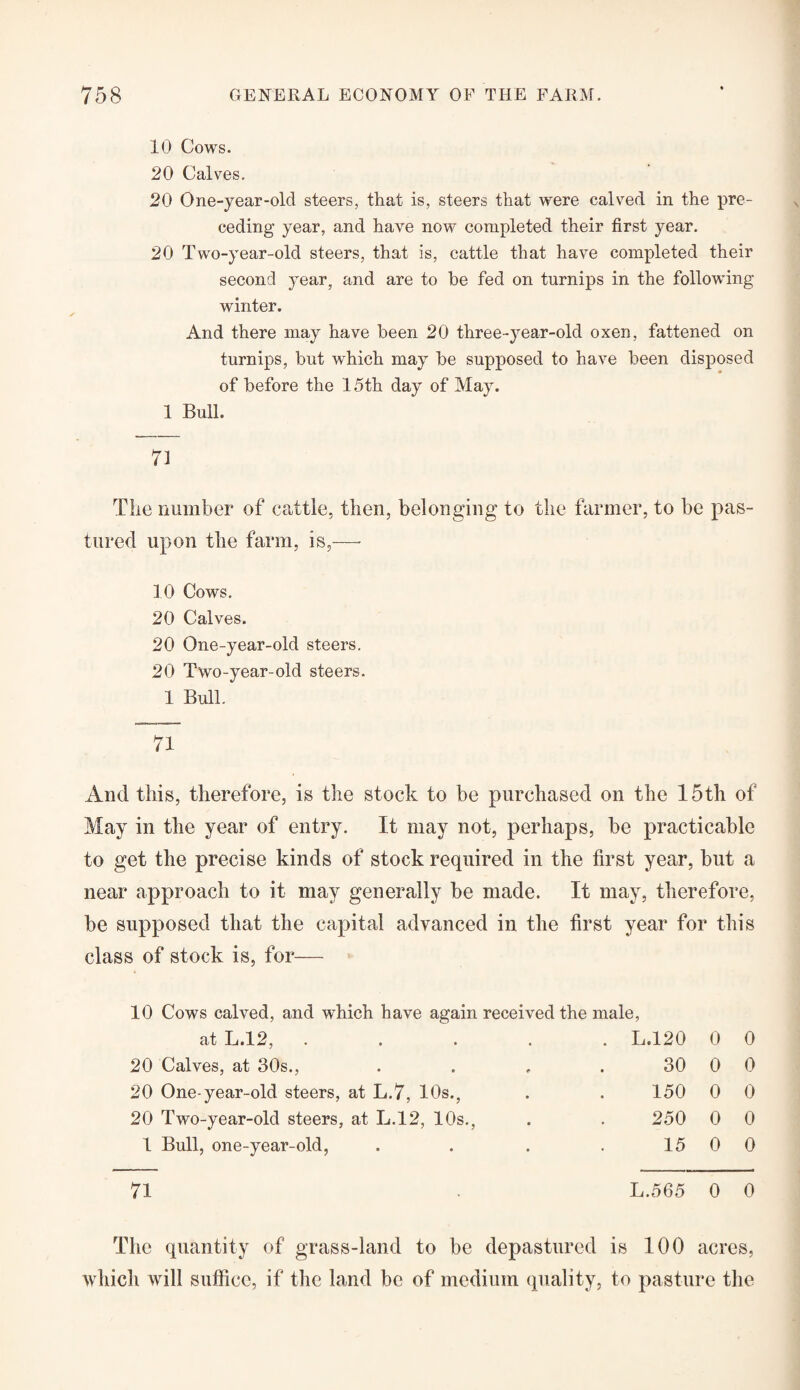 10 Cows. 20 Calves. 20 One-year-old steers, that is, steers that were calved in the pre¬ ceding year, and have now completed their first year. 20 Two-year-old steers, that is, cattle that have completed their second year, and are to be fed on turnips in the following winter. And there may have been 20 three-year-old oxen, fattened on turnips, but which may be supposed to have been disposed of before the 15th day of May. 1 Bull. 71 The number of cattle, then, belonging to the farmer, to be pas¬ tured upon the farm, is,— 10 Cows. 20 Calves. 20 One-year-old steers. 20 Two-year-old steers. 1 Bull. 71 And this, therefore, is the stock to be purchased on the 15th of May in the year of entry. It may not, perhaps, be practicable to get the precise kinds of stock required in the first year, but a near approach to it may generally be made. It may, therefore, be supposed that the capital advanced in the first year for this class of stock is, for— 10 Cows calved, and which have again received the male, at L.12, .... . L.120 0 0 20 Calves, at 30s., 30 0 0 20 One-year-old steers, at L.7, 10s., 150 0 0 20 Two-year-old steers, at L.12, 10s., 250 0 0 1 Bull, one-year-old, 15 0 0 71 L.565 0 0 The quantity of grass-land to be depastured is 100 acres, which will suffice, if the land be of medium quality, to pasture the