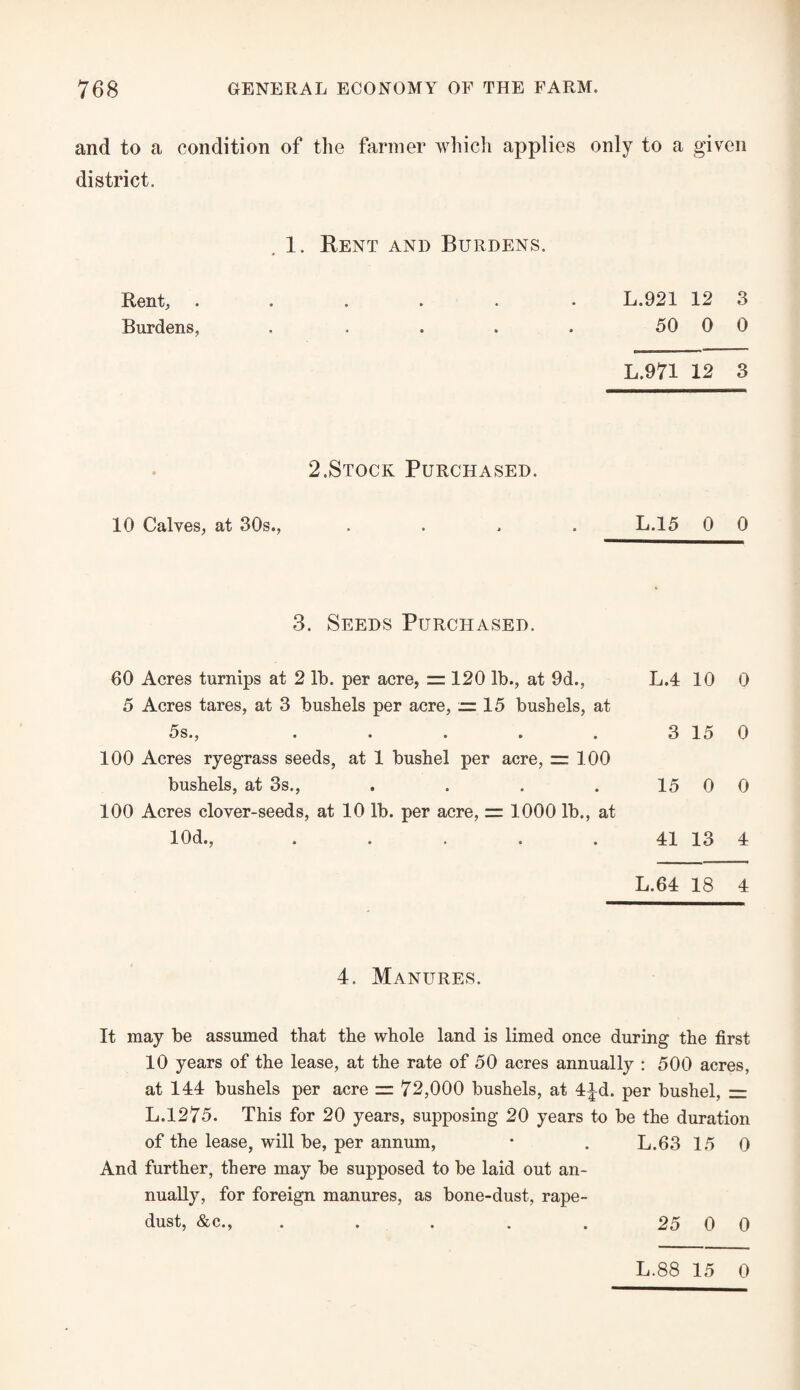 and to a condition of the farmer which applies only to a given district. . 1. Rent and Burdens. Rent, ...... L.921 12 3 Burdens, . . . . . 50 0 0 L.971 12 3 2.Stock Purchased. 10 Calves, at 30s., .... L.15 0 0 3. Seeds Purchased. 60 Acres turnips at 2 lb. per acre, = 120 lb., at 9d., 5 Acres tares, at 3 bushels per acre, —15 bushels, at 5 s., . . . . . 100 Acres ryegrass seeds, at 1 bushel per acre, z= 100 bushels, at 3s., 100 Acres clover-seeds, at 10 lb. per acre, zz 1000 lb., at !0d., ..... L.4 10 0 3 15 0 15 0 0 41 13 4 L.64 18 4 4. Manures. It may be assumed that the whole land is limed once during the first 10 years of the lease, at the rate of 50 acres annually : 500 acres, at 144 bushels per acre zz 72,000 bushels, at 4id. per bushel, = L.1275. This for 20 years, supposing 20 years to be the duration of the lease, will be, per annum, * . L.63 15 0 And further, there may be supposed to be laid out an¬ nually, for foreign manures, as bone-dust, rape- dust, &c., . . . . . 25 0 0 L.88 15 0