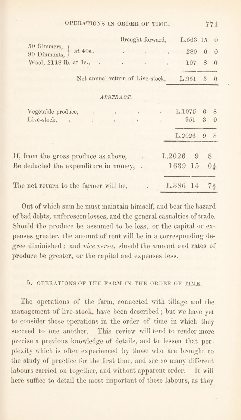 Brought forward, L.563 15 0 90 Dinmonts, J at *US Wool, 2148 lb. at Is., 280 0 0 107 8 0 Net annual return of Live-stock, L.951 3 0 ABSTRACT. Vegetable produce, Live-stock, L.1075 6 8 951 3 0 L.2026 9 8 If, from the gross produce as above, . L.2026 9 8 Be deducted the expenditure in money, . 163915 OJ The net return to the farmer will be, L.386 14 71 Out of which sum he must maintain himself, and hear the hazard of bad debts, unforeseen losses, and the general casualties of trade. Should the produce be assumed to be less, or the capital or ex¬ penses greater, the amount of rent will be in a corresponding de¬ gree diminished ; and vice versa, should the amount and rates of produce be greater, or the capital and expenses less. 5. OPERATIONS OF THE FARM IN THE ORDER OF TIME. The operations of the farm, connected with tillage and the management of live-stock, have been described; but we have yet to consider these operations in the order of time in which they succeed to one another. This review will tend to render more precise a previous knowledge of details, and to lessen that per¬ plexity which is often experienced by those who are brought to the study of practice for the first time, and see so many different labours carried on together, and without apparent order. It will here suffice to detail the most important of these labours, as they