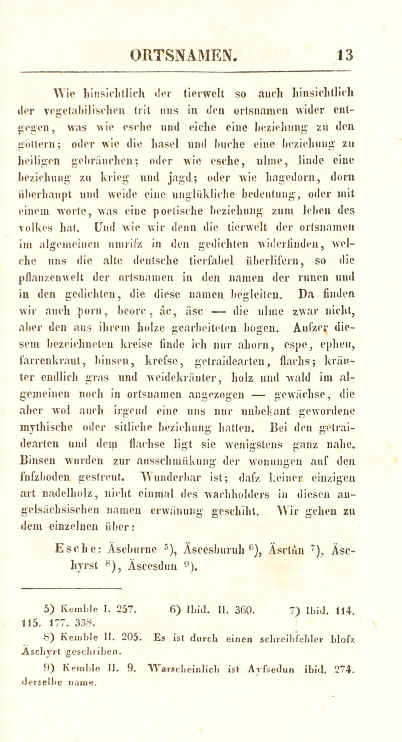 Wie hinsichtlich der tierwclt so auch hinsichtlich der vegetabilischen trit lins in den Ortsnamen wider ent- gegen, was wie esrhe und eiche eine beziehnng zu den göltern; oder wie die hascl und buche eine beziehnng zu heiligen gebräuchen; oder Avie esche, ulme, linde eine beziehnng zu krieg mul jagd; oder Avie hagedorn, dorn überhaupt und weide eine ungliikliche bedenlung, oder mit einem Avorte, was eine poetische beziehnng zum leben des Volkes hat. Und Avie wir denn die tierweit der Ortsnamen im algemeinen limrifz in den gcdichten widerfinden, wel- che uns die alte deutsche tierfabel überlifern, so die pflanzenweit der Ortsnamen in den namen der rnnen und in den gedichten, die diese namen begleiten. Da finden Avir auch porn, bcorc, ac, iisc — die ulme zwar nicht, aber den aus ihrem holze gearbeiteten bogen. Aufzey die- sem bezeichneten kreise finde ich nur aliorn, espe, epheu, farrenkraut, binsen, krefsc, gelraideartcn, flachs; kräu- ter endlich gras und weidekräuter, holz und vvald im al- gemeinen noch in Ortsnamen angezogen — gewächse, die aber avo! auch irgend eine uns nur unbebaut gCAVordene mythische oder sitliche beziehnng hatten. Bei den getrai- dearteu und dem flachse ligt sie wenigstens ganz nahe. Binsen wurden zur ansschmiikung der Avonungen auf den fufzboden gestreut. Wunderbar ist; dafz keiner einzigen art nadelholz, nicht einmal des Avachhohlers in diesen an- gelsächsischen namen erwämmg geschiht. Wir gehen zu dem einzelnen über: Esche: Äscburne 5), Äseesburuh °), Äsrlun '), Äsc- hyrst * * 8), Äscesdun 5) Kemble I. 257. 6) Ibid. II. 360. 7) Ibid. 114. 115. 177. 338. 8) Kemble II. 205. Es ist durch einen Schreibfehler blofz Aschyrt gesclniben. Kemble 11. 9. Warscheinlich ist Ayfsedun ibid. 274. derselbe ruiine.