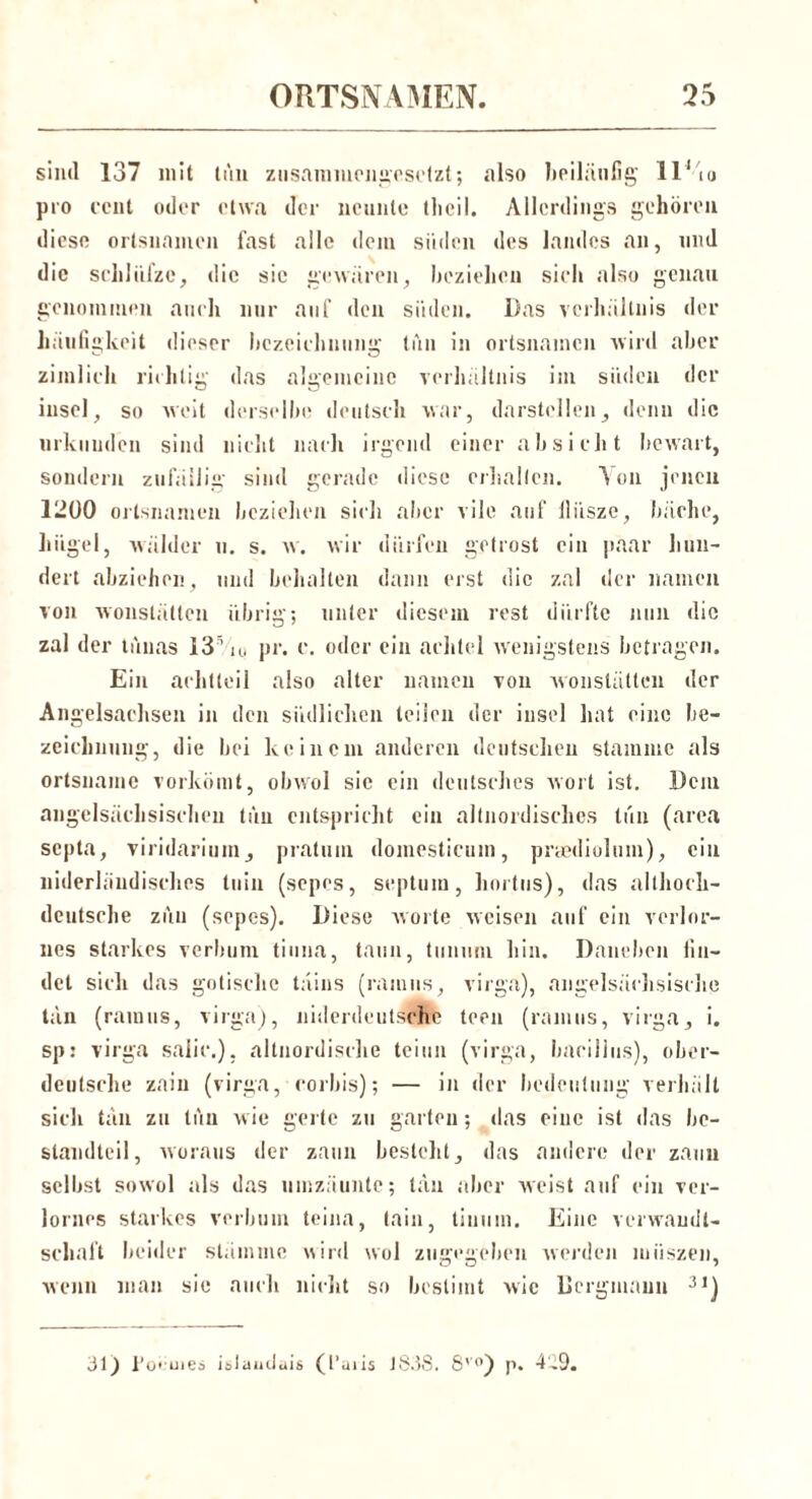 sind 137 mit tun zusammengesetzt; also beiläufig I1‘io pro eent oder etwa der neunte tlieil. Allerdings gehören diese Ortsnamen fast alle dem Süden des landes an, und die scliliifzc, die sie gewären, beziehen sich also genau genommen auch nur auf den siiden. Das Verhältnis der häufigkeit dieser bezeichniing tun in Ortsnamen wird aber zimlich richtig das algemeine Verhältnis im Süden der insei, so weit derselbe deutsch war, darstellen, denn die urkunden sind nicht nach irgend einer absich t bewart, sondern zufällig sind gerade diese erhallen. Von jenen 1200 Ortsnamen beziehen sich aber vile auf lliisze, bäche, hiigel, Wähler u. s. w. wir dürfen getrost ein paar hun- dert abziehen, und behalten dann erst die zal der namen von wonstätten übrig; unter diesem rest dürfte nun die zal der tüuas 13 ’u. pr. c. oder ein achtel wenigstens betragen. Ein achtteil also alter namen von wonstätten der Angelsachsen in den südlichen teilen der insei hat eine be- zeichnung, die bei keinem anderen deutschen stamme als Ortsname vorkämt, obwol sic ein deutsches wort ist. Dem angelsächsischen tun entspricht ein altnordisches tun (area septa, viridarium, pratum domestieum, preediolum), ein niderländisches tuin (sepes, septum, hortus), das althoch- deutsche zi\u (sepes). Diese worte weisen auf ein verlor- nes starkes verbuni tiuna, taun, tunum hin. Daneben fin- det sich das gotische täius (ramus, virga), angelsächsische tan (ramus, virga), niderdeutsche teen (ramus, virga, i. sps virga salic.), altnordische teiun (virga, bacillus), ober- deutsche zahl (virga, corbis); — in der bedeutiing verhält sich tan zu tun wie gelte zu garten; das eine ist das be- standtcil, woraus der zäun bestellt, das andere der zaun selbst sowol als das umzäunte; tau aber weist auf ein ver- lornes starkes verbuin teina, tain, tiuuin. Eine Verwandt- schaft beider Stämme wird wol zusregeben werden miiszen. wenn man sie auch nicht so bestirnt wie Dergmaun 31) 31) Fo* uies isiaudais (l’aiis J83S. 8' °) p. 429.