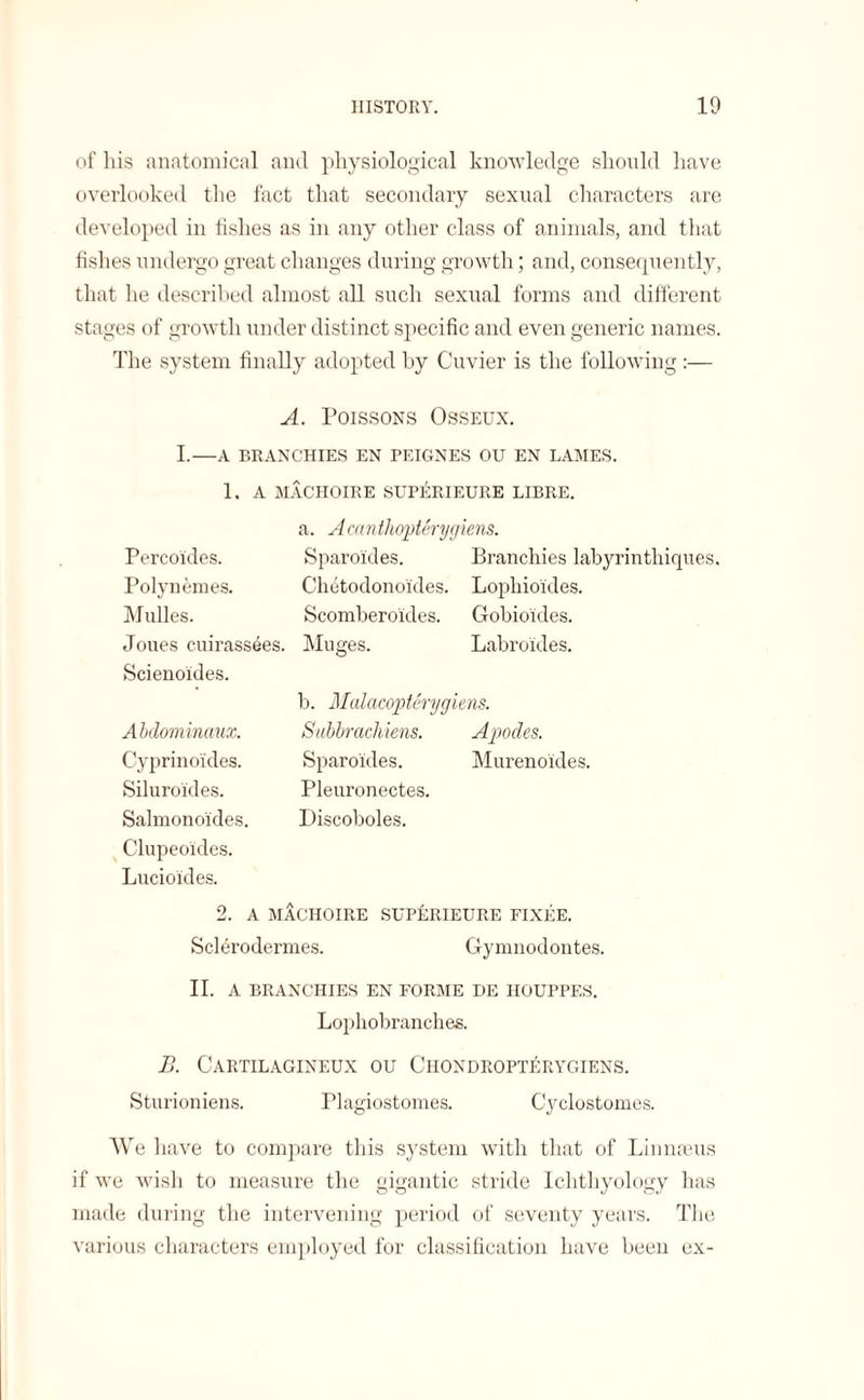 of his anatomical and physiological knowledge should have overlooked the fact that secondary sexual characters are developed in fishes as in any other class of animals, and that fishes undergo great changes during growth; and, consequently, that he described almost all such sexual forms and different stages of growth under distinct specific and even generic names. The system finally adopted by Cuvier is the following :— A. Poissons Osseux. I.—A BRANCHIES EN PEIC4NES OU EN LAMES. 1. A MACHOIRE SUPERIEURE LIBRE. a. Acanthopterygiens. Percoiides. Sparo'ides. Branchies labyrintliiques. Polynemes. Chetodono'ides. Lophioides. Mulles. Scomberoides. Gobioides. Joues cuirassees. Muges. Labroides. Scienoides. Abdominaux. Cyprinoides. Siluroides. Salmonoides. Clupeoides. Lucioides. b. Malacopterygiens. Subbrachiens. Apodes. Sparo'ules. Murenoides. Pleuronectes. Discoboles. 2. A MACHOIRE SUPERIEURE FIXEE. Scl^rodermes. Gymnodontes. II. A BRANCHIES EN FORBIE DE HOUPPES. Lophobranches. B. Cartilagineux ou Ciiondropterygiens. Sturioniens. Plagiostomes. Cyclostomes. We 1 lave to compare this system with that of Linnaeus if we wisli to measure the gigantic stride Ichthyology has made during the intervening period of seventy years. The various characters employed for classification have been ex-