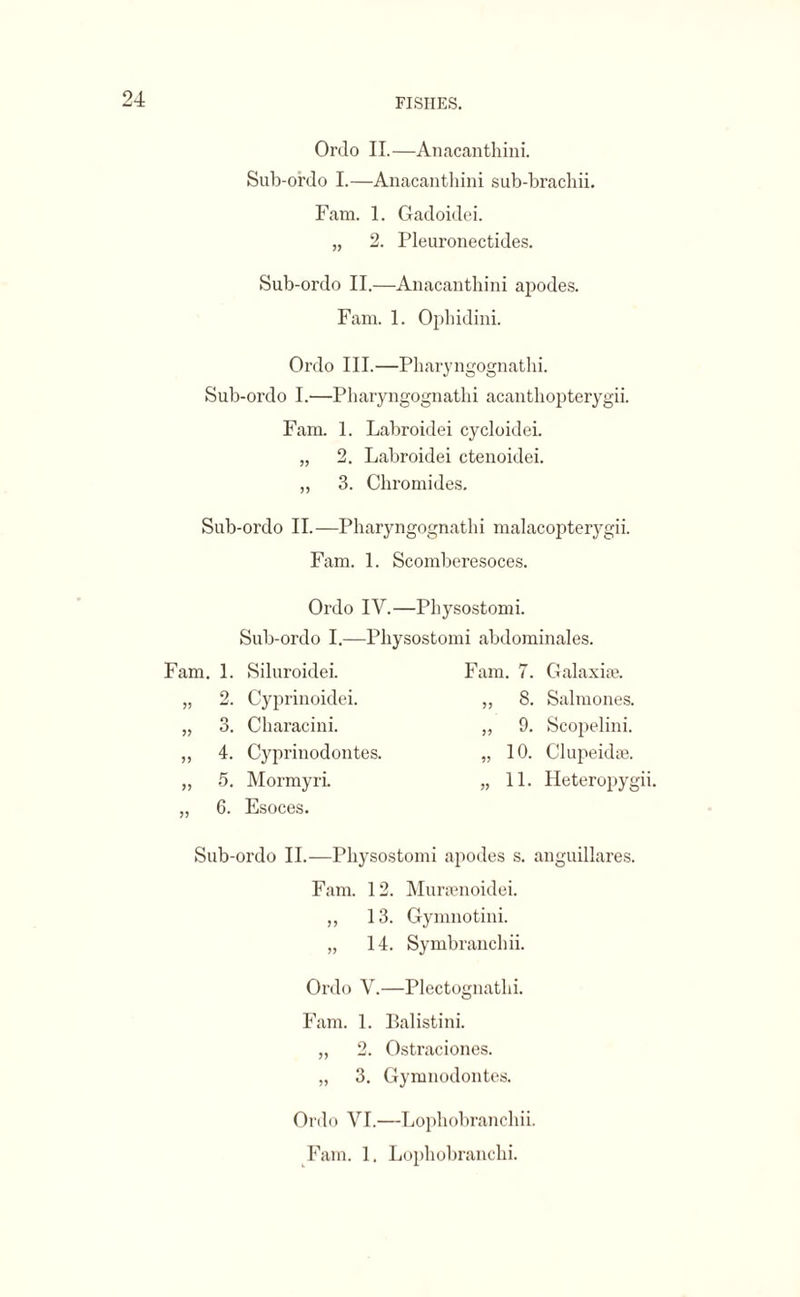 Ordo II.—Anacanthini. Sub-ordo I.—Anacanthini sub-brachii. Fam. 1. Gadoidei. „ 2. Pleuronectides. Sub-ordo II.—Anacanthini apodes. Fam. 1. Ophidini. Ordo III.—Pharyngognathi. Sub-ordo I.—Pharyngognathi acanthopterygii. Fam. 1. Labroidei cycloidei. „ 2. Labroidei ctenoidei. „ 3. Chromides. Sub-ordo II.—Pharyngognathi malacopterygii. Fam. 1. Scomberesoces. Ordo IV.—Physostomi. Sub-ordo I.—Physostomi abdominales. Fam. 1. Siluroidei. „ 2. Cyprinoidei. „ 3. Characini. ,, 4. Cyprinodontes. „ 5. Mormyri. ,, 6. Esoces. Fam. 7. Galaxiae. ,, 8. Salmones. ,, 9. Scopelini. „ 10. Clupeidae. „ 11. Heteropygii. Sub-ordo II.—Physostomi apodes s. anguillares. Fam. 12. Mursenoidei. ,, 13. Gymnotini. „ 14. Symbranchii. Ordo V.—Plectognathi. Fam. 1. Balistini. „ 2. Ostraciones. „ 3. Gymnodontes. Ordo VI.—Lophobranchii. Fam. 1. Lophobranchi.