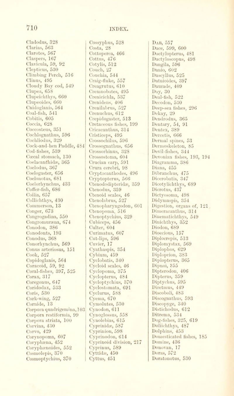 Cladodus, 328 Clarias, 563 Clarotes, 567 Claspers, 167 Clavicula, 59, 92 Clepticus, 530 Climbing Perch, 516 C'linus, 495 Cloudy Bay cod, 549 Clupea, 658 Clupeiclitliys, 660 Clupeoides, 660 Cnidoglanis, 564 Coal-fish, 541 Cobitis, 605 Coccia, 628 Coccosteus, 351 Coclilognathus, 596 Cochliodus, 329 Cock-and-hen Paddle, 484 Cod-fishes, 539 Coecal stomach, 130 Coelaeantliidse, 365 Coelodus, 367 Coelogaster, 656 Coelonotus, 681 Coelorliynchus, 433 Coffer-fish, 686 Coilia, 657 Collichthys, 430 Commerson, 13 Conger, 673 Congrogadina, 550 Congromursena, 674 Conodon, 386 Conodonts, 193 Conodus, 368 Conorhynckus, 569 Conus arteriosus, 151 Cook, 527 Copidoglanis, 564 Coracoid, 59, 92 Coral-fishes, 397, 525 Corax, 317 Coregonus, 647 Coridodax, 533 Coris, 530 Cork-wing, 527 Cornide, 13 Corpora quadrigemina, 103 Corpora restiformia, 99 Corpora striata, 100 Corvina, 430 Corvo, 429 Corynopoma, 607 Coryphaana, 452 Coryphamoides, 552 Cosmolepis, 370 Cosmoptychius, 370 INDEX. Cossyphus, 528 Costa, 28 Cottoperea, 466 Cottus, 476 Cotylis, 512 Couch, 27 Concilia, 544 Craig-fluke, 557 Creagrutus, 610 Cremnobates, 495 Crenicichla, 537 Crenidens, 406 Crenilabrus, 527 Crenuchus, 612 Grepidogaster, 513 Cretaceous fishes, 199 Cricacanthus, 314 Cristiceps, 495 Crossochilus, 596 Crossognathus, 656 Crossorhinus, 328 Crossostoma, 604 Crucian carp, 591 Crura cerebri, 98 Cryptacauthodes, 496 Cryptopterus, 566 Ctenododipteridaj, 359 Ctenodus, 359 Ctenoid scales, 46 Ctenolabrus, 527 Ctenopharyngodon, 601 Cteuopoma, 516 Ctenoptychius, 329 Cubiceps, 456 Culter, 604 Curimatus, 607 Cut-lips, 596 Cuvier, 17 Cyathaspis, 354 Cybium, 459 Cyclobatis, 340 Cycloid scales, 46 Cyclopoma, 375 Cyclopterus, 484 Cycloptychius, 370 Cyclostomata, 691 Cyclurus, 588 Cyema, 670 Cymolutes, 530 Cynodon, 611 Cynoglossns, 55S Cynolebias, 615 Cyprinida?, 587 Cyprinion, 598 Cyprinodon, 614 Cyprinoid division, 217 Cyprinus, 589 Cyttidaa, 450 Cyttus, 451 Dab, 557 Dace, 599, 600 Dactylopterus, 481 Dactyloscopus, 498 Dangila, 596 Danio, 602 Dascyllus, 525 Datnioides, 397 Daurade, 409 Day, 30 | Deal-fish, 522 Decodon, 530 Deep-sea fishes, 296 Dekay, 29 Dendrodus, 365 Deutary, 54, 91 Deutex, 389 Dercetis, 666 Dermal spines, 53 Dermoskeletou, 85 Devil-fishes, 344 Devonian fishes, 193, 194 Diagramma, 386 Diana, 455 Dibranchus, 475 Dicerobatis, 347 Dieotylichthys, 6S9 Dicrotus, 437 j Dictyosoma, 498 Didymaspis, 354 Digestion, organs of, 121 | Dimeracanthus, 314 | Dinematichthys, 549 Dinichthys, 352 Diodon, 689 Dioecious, 157 | Diplocrepis, 513 i Diplomystax, 569 Diploplios, 629 j Diploprion, 383 Diplopterus, 365 Dipnoi, 355 Dipterodon, 406 Dipterus, 359 Diptych us, 595 Diretmus, 449 Discoboli, 483 Discognathus, 593 Discopyge, 340 Distichodus, 612 Ditrema, 534 Dog-fishes, 325, 619 Doliiehthys, 487 Dolphins, 453 Domesticated fishes, 185 Domine, 436 Donovan, 17 Doras, 572 Doratonotus, 530