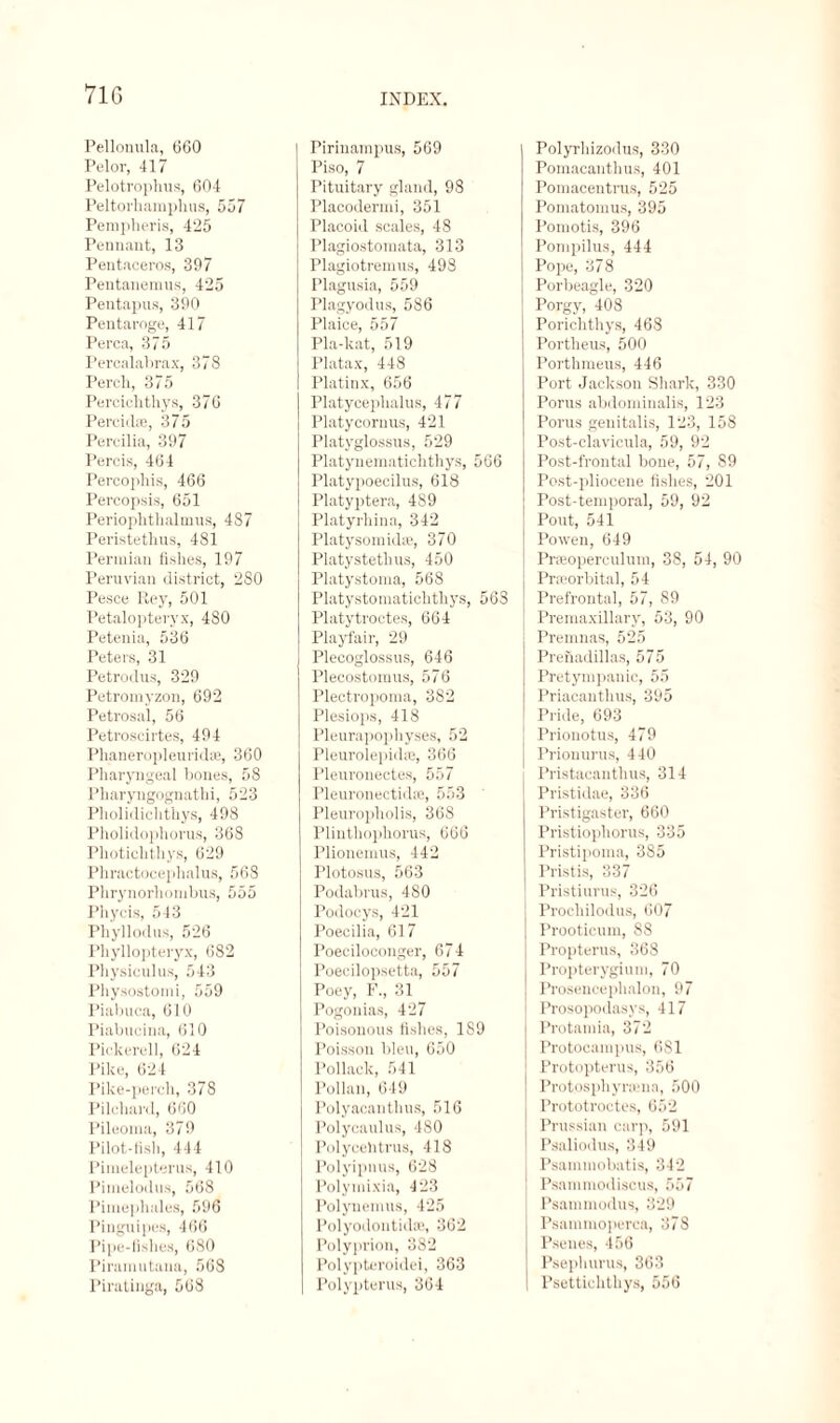 71G INDEX. Pellonula, 660 Pelor, 417 Pelotrophus, 604 Peltorhamphus, 557 Perapheris, 425 Pennant, 13 Pentaceros, 397 Pentaneraus, 425 Pentapus, 390 Peutaroge, 417 Perea, 375 Percalabrax, 378 Percli, 375 Perciclithys, 376 Percidse, 375 Percilia, 397 Percis, 464 Percophis, 466 Percopsis, 651 Periophthalmus, 487 Peristethus, 481 Permian fishes, 197 Peruvian district, 280 Pesce R.ey, 501 Petalopteryx, 480 Petenia, 536 Peters, 31 Petrodus, 329 Petromyzon, 692 Petrosal, 56 Petroscirtes, 494 Phaneropleuridie, 360 Pharyngeal bones, 58 Pharyngognatlii, 523 Pholidichthys, 498 Pholidopliorus, 368 Photiclithys, 629 Phractoceplialus, 568 Phrynorhombus, 555 Phycis, 543 Pliyllodus, 526 Phyllopteryx, 682 Physiculus, 543 Physostomi, 559 Piabuca, 610 Piabucina, 610 Piekerell, 624 Pike, 624 Pike-perch, 378 Pilchard, 660 Pileoma, 379 Pilot-fish, 444 Pimelepterus, 410 Piinelodus, 568 Pimephales, 596 Pinguipes, 466 Pipe-fishes, 680 Piramutana, 568 Piratinga, 568 Pirinampus, 569 Piso, 7 Pituitary gland, 98 Placodermi, 351 Placoid scales, 48 Plagiostomata, 313 Plagiotremus, 498 Plagusia, 559 Plagyodus, 586 Plaice, 557 Pla-kat, 519 Platax, 448 Platinx, 656 Platycephalus, 477 Platycornus, 421 Platyglossus, 529 Platynematichthys, 566 Platypoecilus, 618 Platyptera, 489 Platyrliinn, 342 Platysomidie, 370 Platystetlius, 450 Platystoma, 568 Platystomatichthys, 568 Platytroctes, 664 Playfair, 29 Plecoglossus, 646 Plecostomus, 576 Plectropoma, 382 Plesiops, 418 Pleurapophyses, 52 Pleurolepid®, 366 Pleuronectes, 557 Pleuronectidse, 553 Pleuropholis, 368 Plinthophorus, 666 Plionemus, 442 Plotosus, 563 Podabrus, 480 Podocys, 421 Poecilia, 617 I’oeciloconger, 674 Poecilopsetta, 557 Poey, F., 31 Pogonias, 427 Poisonous fishes, 189 Poisson bleu, 650 Pollack, 541 Pollan, 649 Polyacantlius, 516 Polycaulus, 480 Polycehtrus, 418 Polyipnus, 628 Polymixia, 423 Polynemus, 425 Polyodontidse, 362 Poly]U'ion, 382 Polypteroidei, 363 Polypterus, 364 PolyThizodus, 330 Pomacanthus, 401 Pomacentrus, 525 Pomatonius, 395 Pomotis, 396 Pompilus, 444 Pope, 378 Porbeagle, 320 Porgy, 408 Porichthys, 468 Portlieus, 500 Porthmeus, 446 Port Jackson Shark, 330 Porus abdominalis, 123 Porus genitalis, 123, 158 Post-clavicula, 59, 92 Post-frontal bone, 57, 89 Post-pliocene fishes, 201 Post-temporal, 59, 92 Pout, 541 Powen, 649 Pneoperculum, 38, 54, 90 Prseorbital, 54 Prefrontal, 57, 89 Premaxillary, 53, 90 ; Prennias, 525 Prenadillas, 575 Pretympanic, 55 Priacauthus, 395 Pride, 693 ! Priouotus, 479 | Prionurus, 440 Pristacantlius, 314 Pristidae, 336 Pristigaster, 660 Pristiopliorus, 335 Pristipoma, 385 Prist is, 337 Pristiurus, 326 Prochilodus, 607 Prooticum, 88 Propterus, 368 Propterygium, 70 Prosencephalon, 97 Prosopodasys, 417 Protamia, 372 Protocampus, 681 Protopterus, 356 Protosphyrama, 500 Prototroctes, 652 Prussian carp, 591 Psaliodus, 349 Psammobatis, 342 Psamniodiscus, 557 | Psammodus, 329 Psammoperca, 378 Psenes, 456 Psephurus, 363 Psettichthys, 556