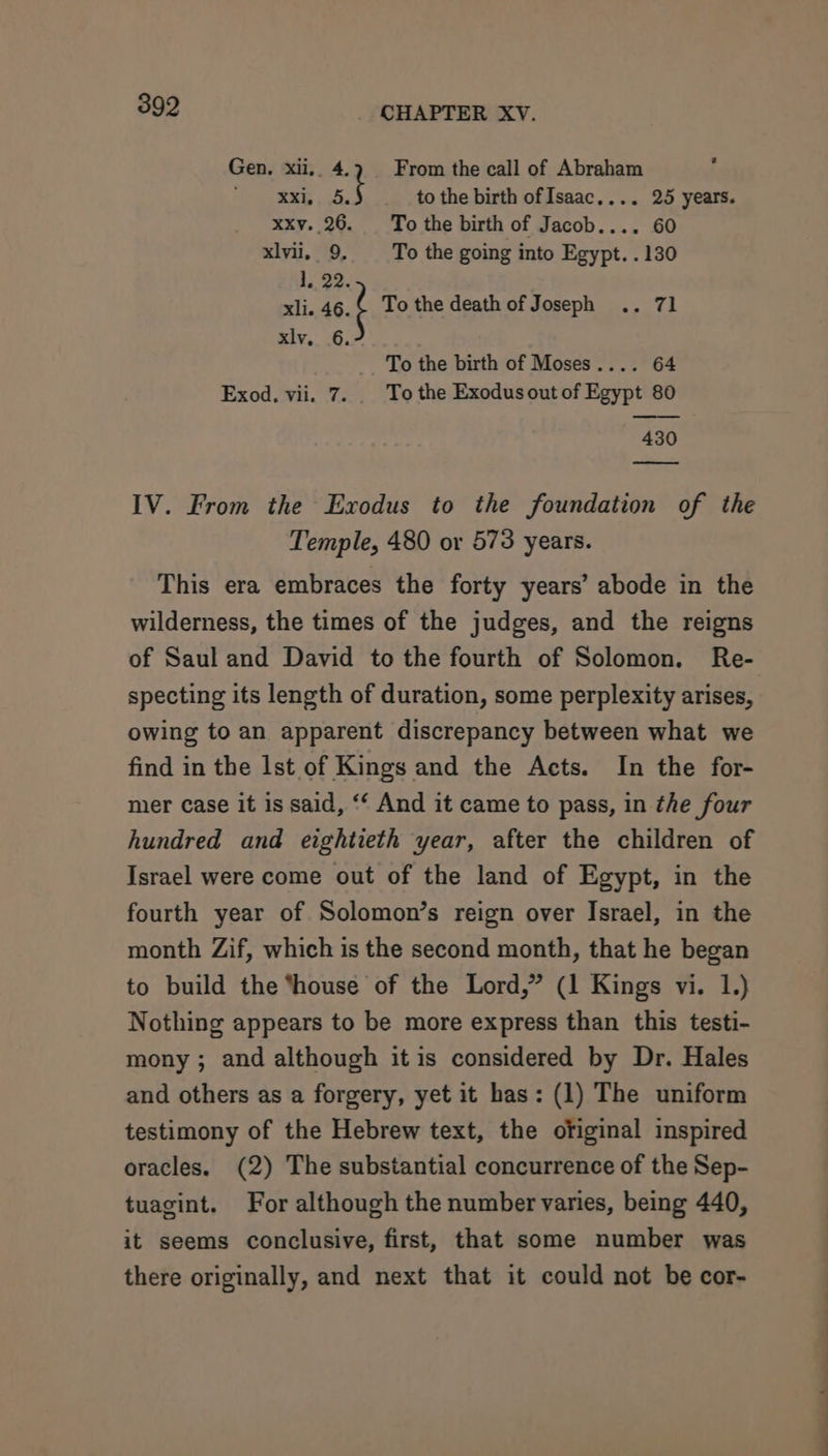 Gen. xXii,. ot From the call of Abraham dep Re vats to the birth ofIsaac.... 25 years. xxv. 26. To the birth of Jacob.... 60 xlvii,. 9. To the going into Egypt. . 130 4, 92. xli. ss. To the death of Joseph .. 71 xlv. 6. To the birth of Moses.... 64 Exod, vii. 7. . To the Exodus out of Egypt 80 430 IV. From the Exodus to the foundation of the Temple, 480 or 573 years. This era embraces the forty years’ abode in the wilderness, the times of the judges, and the reigns of Saul and David to the fourth of Solomon. Re- specting its length of duration, some perplexity arises, owing to an apparent discrepancy between what we find in the Ist of Kings and the Acts. In the for- mer case it is said, “‘ And it came to pass, in the four hundred and eightieth year, after the children of Israel were come out of the land of Egypt, in the fourth year of Solomon’s reign over Israel, in the month Zif, which is the second month, that he began to build the ‘house of the Lord,” (1 Kings vi. 1.) Nothing appears to be more express than this testi- mony ; and although itis considered by Dr. Hales and others as a forgery, yet it has: (1) The uniform testimony of the Hebrew text, the ofiginal inspired oracles. (2) The substantial concurrence of the Sep- tuagint. For although the number varies, being 440, it seems conclusive, first, that some number was there originally, and next that it could not be cor-