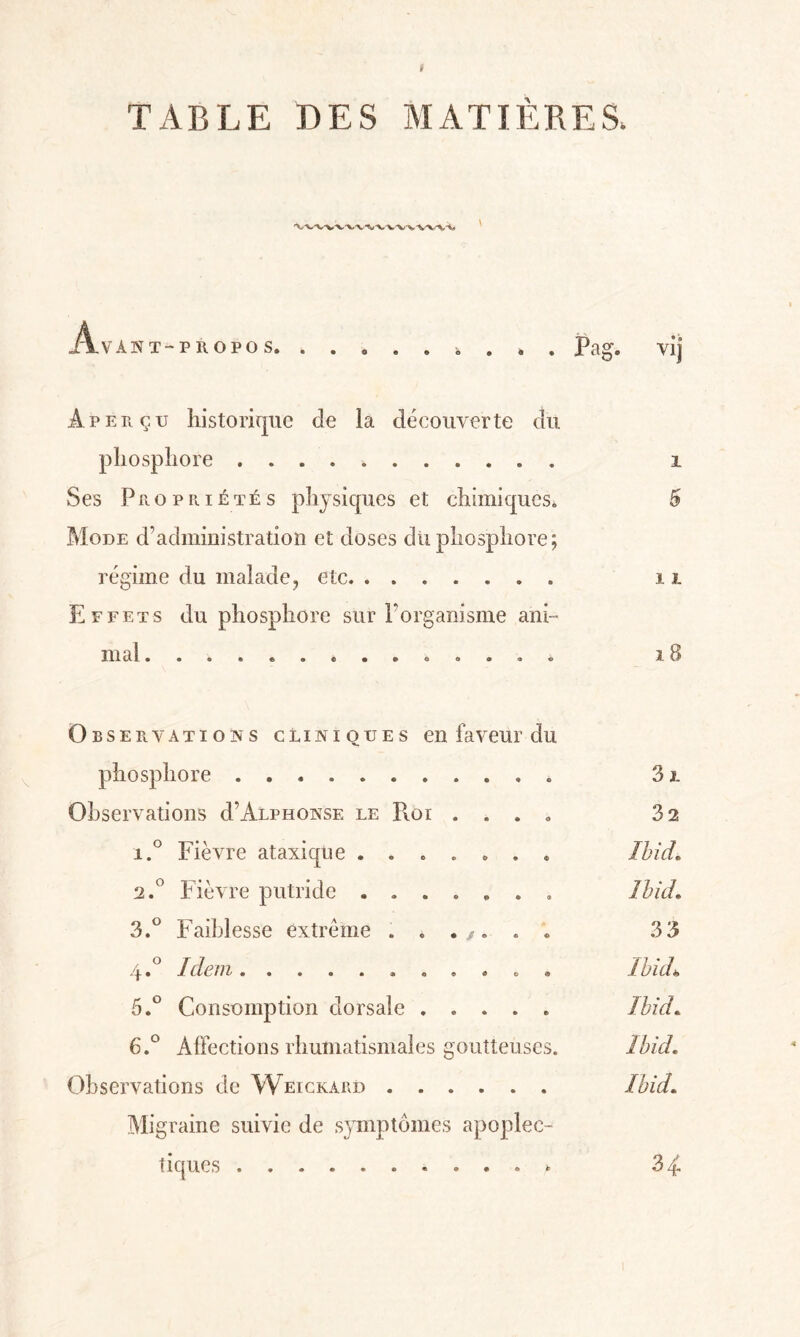 TABLE DES MATIÈRES. AN T- P II O PO S Aperçu historique de la découverte dit phosphore. i Ses Propriétés physiques et chimiques. 5 Mode d’administration et doses du phosphore; régime du malade7 etc. ...... . n Effets du phosphore sur F organisme ani¬ mal .. 18 Observations cliniques en faveur du phosphore.. . 3j. Observations d’ÀLPHONSE le Roi .... 32 1. ° Fièvre ataxique ....... Ibid. 2. ° Fièvre putride.. Ibid. 3. ° Faiblesse extrême 33 4.0 Idem. Ibid» 5. ° Consomption dorsale. Ibid. 6. ° Affections rhumatismales goutteuses. Ibid. Observations de Weickàrd. Ibid. Migraine suivie de symptômes apoplec¬