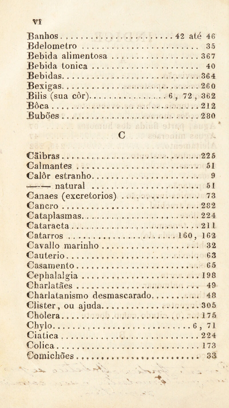 Banhos. ................. 42 até 46 Bdelometro 35 Bebida alimentosa 367 Bebida tónica 40 Bebidas 364 Bexigas. 260 Biiis (sua cor). 6 , 72 , 362 Boca 212 Bubões 280 c Cãibras .......f.................... 22 5 Calmantes 51 Calor estranho» . 9 —— natural 51 Canaes (excretorios) ................ 73 Cancro .. 282 Cataplasmas , 224 Cataract a 211 Catarros 160, 162 Cavallo marinho 32 Cautério 63 Casamento 65 Cephalalgia 198 Charlatães 49 Charlatanismo desmascarado. 48 Clister, ou ajuda.. . 305 Cholera. 175 Chylo 6 , 71 Ciatica 224 Cólica 173 Comichões ......................... 38.