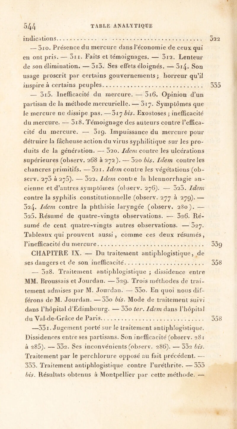 indications 022 — 3io. Prësence du mercure dans re'conomie de ceux qui en ont pris. — oii. Faits et témoignages. — 3i2. Lenteur de son élimination. — 3i3. Ses effets éloignés. — 3i4. Son usage proscrit par certains gouvernements j horreur qu’il inspire à certains peuples 335 — 3i5. Inefficacité du mercure. — 3i6. Opinion d’un partisan de la méthode mercurielle. — 317. Symptômes que le mercure ne dissipe pas. —Siy his. Exostoses ; inefficacité du mercure. •— 5i8. Témoignage des auteurs contre l’effica- cité du mercure. — 319. Impuissance du mercure pour détruire la fâcheuse action du virus syphilitique sur les pro- duits de la génération. — 320. Idem contre les ulcérations supérieures (observ. 268 à 272). — 320 bis. Idem contrôles chancres primitifs. —321. Idem contre les végétations (ob- serv. 273 à 275). — 322. Idem conti e la blennorrhagie an- cienne et d’autres symptômes (o!)serv. 276). — 323. Idem contre la syphilis constitutionnelle (observ. ‘l'j'j à 279). — 324. Idem contre la phthisie laryngée (observ. 280). — 325. Résumé de quatre-vingts observations. — 320. Ré- sumé de cent quatre-vingts autres observations. — 327. Tableaux qui prouvent aussi, comme ces deux résumés, l’inefficacité du mercure 339 CHAPITRE IX. — Du traitement antiphlogistique, de ses dangers et de son inefficacité 358 — 328. Traitement antiphlogistique ; dissidence entre MM. Broussais et Jourdan. —329. Trois méthodes de trai- tement admises par M. Jourdan. — 33o. En quoi nous dif- férons de M. Jourdan. —33o bis. Mode de traitement suivi dans l’hôpital d’Edimbourg. — 33o ter. Idem dans l’hôpital du Val-de-Grâce de Paris 358 —33i. Jugement porté sur le traitement antiphlogistique. Dissidences entre ses partisans. Son inefficacité (observ. 281 à 285). — 332. Ses inconvénients (observ. 286). — 332 bis. Traitement par le perchlorure opposé au fait précédent. — 333. Traitement antiphlogistique contre l’uréthrite.—333 bis. Résultats obtenus à Montpellier par cette méthode. ■—