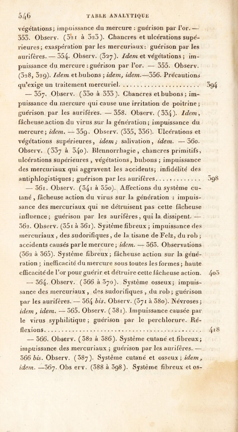 végétations; impuissance du mercure : guérison par l’or. — 353. Observ. (32i à 323). Chancres et ulcérations supé- rieures; exaspération par les raercuriaux: guérison par les aurifères. — 354- Observ. (322). et végétations ; im- puissance du mercure : guérison par l’or. — 355. Observ. (328, 329). Idem et bubons ; idem^ idem.—356. Précautions qu’exige un traitement mercuriel 394 — 352- Observ. (33o à 333). Chancres et bubons; im- puissance du mercure qui cause une irritation de poitrine ; guérison par les aurifères. — 358. Observ. (334). Idem, fâcheuse action du virus sur la génération; impuissance du mercure; idem. —359. Observ. (335, 336). Ulcérations et ve'gétations supérieures, idem; salivation, idem. —36o. Observ. (332 à 34o). Blennorrhagie, chancres primitifs, ulcérations supérieures , végétations, bubons ; impuissance des mercuriaux qui aggravent les accidents; infidélité des antiphlogistiques; guérison parles aurifères 398 — 56i. Observ. (34i à 35o).^ Affections du système cu- tané , fâcheuse action du virus sur la génération : impuis- sance des mercuriaux qui ne détruisent pas cette fâcheuse influence ; guérison par les aurifères , qui la dissipent. ■— 362. Observ. (351 à 36i). Système fibreux ; impuissance des mercuriaux , des sudorifiques , de la tisane de Felz, du rob ; accidents causés parle mercure ; idem. — 363. Observations (362 à 365). Système fibreux ; fâcheuse action sur la géné- ration ; inefficacité du mercure sous toutes les formes ; haute efficacité de l’or pour guérir et détruire cette fâcheuse action, —■ 364. Observ. (366 à .320). Système osseux; impuis- sance des mercuriaux , des sudorifiques , du rob ; guérison par les aurifères. — 364 Observ. à 38o). Névroses; idem y idem. — 365. Observ. ( 381). Impuissance causée par le virus syphilitique ; guérison par le perchlorure. Ré- flexions 4^^ — 566. Observ. (382 à 386). Système cutané et fibreux; impuissance des mercuriaux ; guérison par les aurifères. — 'hQQbis. Observ. (382). %stème cutané et osseux; idem y idem. —362. ® ^9^)* Système fibreux et os-