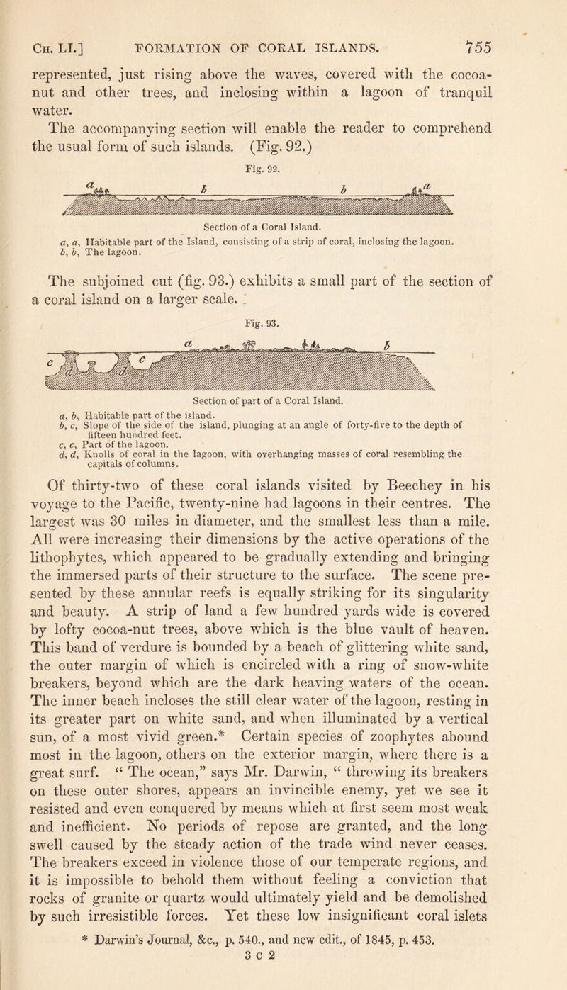 represented, just rising above the waves, covered with the cocoa- nut and other trees, and inclosing within a lagoon of tranquil water. The accompanying section will enable the reader to comprehend the usual form of such islands. (Tig. 92.) Fig. 92. Section of a Coral Island. a, a, Habitable part of the Island, consisting of a strip of coral, inclosing the lagoon. b, b, The lagoon. The subjoined cut (fig. 93.) exhibits a small part of the section of a coral island on a larger scale. ' Fig. 93. Section of part of a Coral Island. a, b, Habitable part of the island. b, c, Slope of the side of the island, plunging at an angle of forty-five to the depth of fifteen hundred feet. c, c. Part of the lagoon. d, d, Knolls of coral in the lagoon, with overhanging masses of coral resembling the capitals of columns. Of thirty-two of these coral islands visited by Beechey in his voyage to the Pacific, twenty-nine had lagoons in their centres. The largest was 30 miles in diameter, and the smallest less than a mile. All were increasing their dimensions by the active operations of the lithophytes, which appeared to be gradually extending and bringing the immersed parts of their structure to the surface. The scene pre¬ sented by these annular reefs is equally striking for its singularity and beauty. A strip of land a few hundred yards wide is covered by lofty cocoa-nut trees, above which is the blue vault of heaven. This band of verdure is bounded by a beach of glittering white sand, the outer margin of which is encircled with a ring of snow-white breakers, beyond which are the dark heaving waters of the ocean. The inner beach incloses the still clear water of the lagoon, resting in its greater part on white sand, and when illuminated by a vertical sun, of a most vivid green.* Certain species of zoophytes abound most in the lagoon, others on the exterior margin, where there is a great surf. “ The ocean,” says Mr. Darwin, “ throwing its breakers on these outer shores, appears an invincible enemy, yet we see it resisted and even conquered by means which at first seem most weak and inefficient. No periods of repose are granted, and the long swell caused by the steady action of the trade wind never ceases. The breakers exceed in violence those of our temperate regions, and it is impossible to behold them without feeling a conviction that rocks of granite or quartz would ultimately yield and be demolished by such irresistible forces. Yet these low insignificant coral islets * Darwin’s Journal, &c., p. 540., and new edit., of 1845, p. 453.