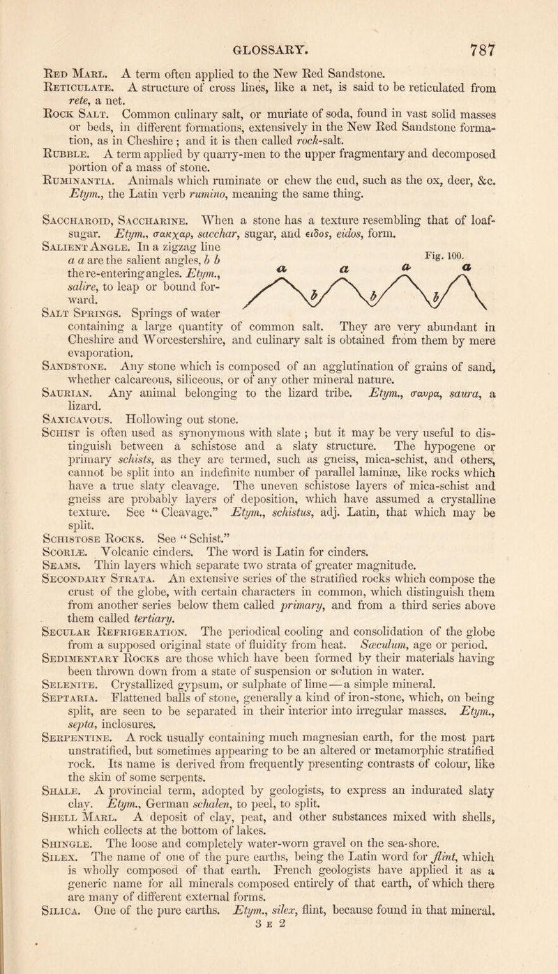 Red Marl. A term often applied to the New Red Sandstone. Reticulate. A structure of cross lines, like a net, is said to be reticulated from rete, a net. Rock Salt. Common culinary salt, or muriate of soda, found in vast solid masses or beds, in different formations, extensively in the New Red Sandstone forma¬ tion, as in Cheshire ; and it is then called roc^-salt. Rubble. A term applied by quarry-men to the upper fragmentary and decomposed portion of a mass of stone. Ruminantia. Animals which ruminate or chew the cud, such as the ox, deer, &c. Etym., the Latin verb rumino, meaning the same thing. Saccharoid, Saccharine. When a stone has a texture resembling that of loaf- sugar. Etym., cratcxap, sacchar, sugar, and ados, eidos, form. Salient Angle. In a zigzag line a a are the salient angles, b b the re-entering angles. Etym., salire, to leap or bound for¬ ward. Salt Springs. Springs of water containing a large quantity of common salt. They are very abundant in Cheshire and Worcestershire, and culinary salt is obtained from them by mere evaporation. Sandstone. Any stone which is composed of an agglutination of grains of sand, whether calcareous, siliceous, or of any other mineral nature. Saurian. Any animal belonging to the lizard tribe. Etym., aavpa, saura, a lizard, Saxicavous. Hollowing out stone. Schist is often used as synonymous with slate ; but it may be very useful to dis¬ tinguish between a schistose and a slaty structure. The hypogene or primary schists, as they are termed, such as gneiss, mica-schist, and others, cannot be split into an indefinite number of parallel laminae, like rocks which have a true slaty cleavage. The uneven schistose layers of mica-schist and gneiss are probably layers of deposition, which have assumed a crystalline texture. See “ Cleavage.” Etym., schistus, adj. Latin, that which may be split. Schistose Rocks. See “ Schist.” Scoriae. Volcanic cinders. The word is Latin for cinders. Seams. Thin layers which separate two strata of greater magnitude. Secondary Strata. An extensive series of the stratified rocks which compose the crust of the globe, with certain characters in common, which distinguish them from another series below them called primary, and from a tim’d series above them called tertiary. Secular Refrigeration. The periodical cooling and consolidation of the globe from a supposed original state of fluidity from heat. Sceculum, age or period. Sedimentary Rocks are those which have been formed by their materials having been thrown down from a state of suspension or solution in water. Selenite. Crystallized gypsum, or sulphate of lime — a simple mineral. Septaria. Flattened balls of stone, generally a kind of iron-stone, which, on being split, are seen to be separated in their interior into irregular masses. Etym., septa, inclosures. Serpentine. A rock usually containing much magnesian earth, for the most part, unstratified, but sometimes appearing to be an altered or metamorphic stratified rock. Its name is derived from frequently presenting contrasts of colour, like the skin of some serpents. Shale. A provincial term, adopted by geologists, to express an indurated slaty clay. Etym., German schalen, to peel, to split. Shell Marl. A deposit of clay, peat, and other substances mixed with shells, which collects at the bottom of lakes. Shingle. The loose and completely water-worn gravel on the sea-shore. Silex. The name of one of the pure earths, being the Latin word for flint, which is wholly composed of that earth. French geologists have applied it as a generic name for all minerals composed entirely of that earth, of which there are many of different external forms. Silica. One of the pure earths. Etym., silex, flint, because found in that mineral. 3 e 2 Fig. 100. <Z CL & &