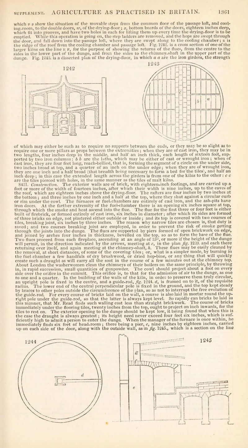 which V V show the situation of tlie movable steps from the common floor of the passage loft, and cool¬ ing-room, to the double doors, w, of the drying-floor ; .r, bottom boards of the doors, eighteen inches deep, which fit into grooves, and have two holes in each for lifting them up every time the drying-floor is to be emjitied. Wltile this operation is going on, the step ladders are removed, and the hops are swept through the door, and fall down into the passage loft, where they are swept along to the cooling chamber; z is the ridge of the roof from the cooling chamber and passage loft. Fig. 1242. is a cross section of one of the larger kilns on the line e f, for the purpose of showing the returns of the flue-S from the centre to the sides in the lower part of the dunge, and from the sides to the chimney-shaft in the upper part of the dunge. Fig. 1243. is a dissected plan of the drying-floor, in which a a are the iron girders, the strength of which may either be such as to require no supports between the ends, or they may be so slight as to require one or more pillars as props between the extremities ; when they are of cast iron, they may be in two lengths, four inches deep in the middle, and half an inch thick, each length of sixteen feet, sup¬ ported by two iron columns : b b are the laths, which may be either of cast or wrought iron ; when of cast iron, they are four feet long, roach-bellied, that is, forming the segment of a circle on the under side, two inches broad at top, and a quarter of an inch on the under edge; when they are of wrought iron, they are one inch and a half broad (that breadth being necessary to form a bed for the tiles), and half an inch deep ; in this case the extended length across the girders is from one of the kilns to the other : c c are the tiles pierced with holes, in the same manner as the tiles of malt kilns. 8431. Construction. The exterior walls are of brick, with eighteen-inch footings, and are carried up a foot or more of the width of fourteen inches, after which their width is nine inches, up to the eaves of the roof, which are eighteen inches above the drying-floor. The rafters are four inches by two inches at the bottom ; and three inches by one inch and a half at the top, Where they shut against a circular curb or rim under the cowl. The furnaces or fuel-chambers are entirely of cast iron, and the ash-pits have iron doors. At the farther extremity of the fuel-chamber there is an opening six inches square at top, through which the smoke and heat ascend into the flue. The flue for the first three or four feet is either built of firebrick, or formed entirely of cast iron, six inches in diameter ; after which its sides are formed of three bricks on edge, not plastered either outside or inside; and its top is covered with two courses of tiles, breaking joint, six inches by three inches. The reason why narrow tiles are chosen is, that duty is saved; and two courses breaking joint are employed, in order to prevent the risk of smoke getting through the joints into the dunge. The flues are supported by piers formed of open brickwork on edge, and joined by arches four inches in thickness, bevelled on the top, so as to form the base of the flue. Tw'o flues proceed from each fireplace, ascending at an angle of 15°, or more if the height of the dunge will permit, in the direction indicated by the arrows, meeting at e, in the plan fig. 1239. and each there returning over itself, and again meeting at the chimney-shaft, h. These flues may be easily cleaned by the removal, at short distances, of some of the covering tiles; or, what is a simpler mode, by burning in the fuel chamber a few handfuls of dry brushwood, or dried hop-bine, or anything that will quickly create such a draught as will carry all the soot in the course of a few minutes out at the chimney top. About London the washerwomen clean the chimneys of their boilers on the same principle, by throwing in, in rapid succession, small quantities of gunpowder. The cowl should project about a foot on every side over the orifice in the summit. This orifice is, to that for the admission of air to the dunge, as one to one and a quarter. In the building of the walls of the kiln, in order to preserve them truly circular, an upright pole is fixed in the centre, and a guide-rod, fig. 1244. d, is framed on to it, of the requisite radius. The lower end of the central perpendicular pole is fixed in the ground, and the top kept steady by braces to other poles outside the circumference of the plan, so as not to interrupt the free evolution of the guide-rod. For every course of bricks laid on the wall, a course is also laid in mortar round the up¬ right pole under the guide-rod, so that the latter is always kept level. So rapidly can bricks be laid in this manner, that Mr. Read finds such walling cost less than straight brickwork. The course of bricks immediately under the flooring tiles, twenty inches from the top, ought to project an inch inwards, for the tiles to rest on. The exterior opening to the dunge should be kept low, it being found that when this is the case the draught is always greatest; its height need never exceed four feet six inches, which is suf- flciently high to admit a person to enter the dunge. When the manager of the furnace is once within, he immediately finds six feet of head-room; there being a pier, e, nine inches by eighteen inches, carried up on each side of the door, along with the outside wall, as in fig. 1245., which is a section on the line