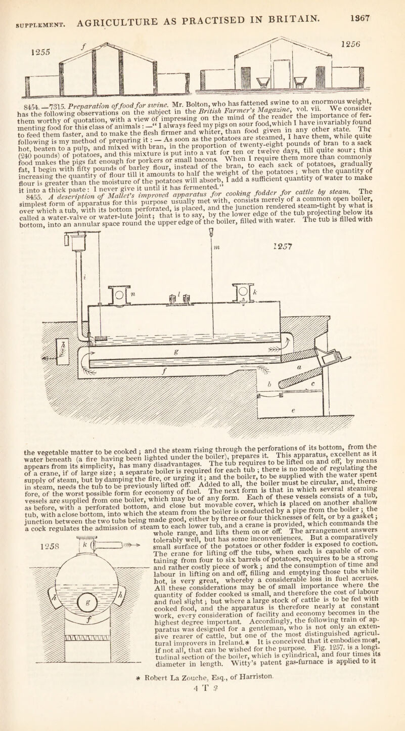 1S67 1256 84.^4. 'y Prevaraiion of food for swine. Mr. Bolton, who has fattened swine to an enormous weight, ha?ttTcdlowin^gT^^^^^^^ subject in ^Tdof ?Keider The rmporSn^e^fS- ZurTj£tr^^TSet^^^^ absorb, fadd a sufficient quantity of water to make ISSipiiSIfilsisii ’.hX^ier! fined w^ith water. The tub is fiUed with S the vegetable matter to be cooked i and the s‘m>” rp^e^rfX‘'lts'“s,Sis“”nyS^^^^^^^^ in steam, needs the tub to be previously lifted off. Added to a , fUaf in wbinh several steaming fore, of the worst possible form for economy of fuel. The next f at n which several iSiiitei*l tolerably well, but has some inconveniences. But a comparatively small surface of the potatoes or other fodder is exposed to coction. The crane for lifting off the tubs, when each is capable ot con¬ taining from four to six barrels of potatoes, requires to be a strong and rather costly piece of work ; and the consumption of tme and labour in lifting on and off, filling and emptying those tubs while hot is very great, whereby a considerable loss in fuel accrues. All’ these considerations may be of small importance where the quantity of fodder cooked is small, and therefore the cost of J^abour and fuel slight; but where a large stock of cattle is to be fed with cooked food, and the apparatus is therefore nearly at constant work, every consideration of facility and economy becomes in the highest degree important. Accordingly, the following train of ap¬ paratus was designed for a gentleman, who is not omy exten¬ sive rearer of cattle, but one of the most distinguished agricul¬ tural improvers in Ireland* It is conceived that it embodies most, if not all, that can be wished for the purpose, iig. 1-d7. is a longi¬ tudinal section of the boiler, which is cylindrical, arid four tmes its diameter in length. Witty’s patent gas-furnace is applied to it * Robert La Zouche, Esq., of Harriston.