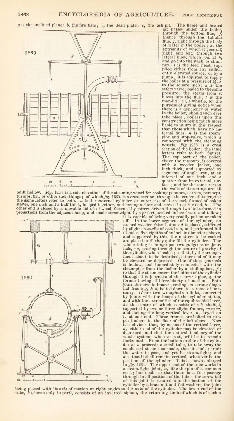 b a 12 J/t. « is the inclined plane; 6, the fire bars; c, the dead plate; e, the ash-pit. The flame and heated air passes under the boiler, through the bottom flue, /, thence through the tubular flue, g, right through the body of water in the boiler ; at the extremity of which it goes off, right and left, through two lateral flues, which join at h, and go into the stack or chim¬ ney : t is the feed head, sup. plied either from any suffici¬ ently elevated source, or by a pump; it is adjusted, to supply the boiler at a pressure of lb to the square inch : k is the safety valve, loaded to the same pressure; the steam from it blows into the flue; I is the man-lid ; m, a whistle, for the purpose of giving notice when there is a deficiency of water in the boiler, should such ever take place; boilers upon this construction being much more liable to injury in this respect than those which have no in¬ ternal flues ; n is the steam- pipe and stop-valve, which is connected with the steaming vessels. Fig. 1258. is a cross section of the boiler ; the same letters refer to both figures. The top part of the boiler, above the masonry, is covered with a wooden jacket, one inch thick, and supported by segments of angle iron, at an interval of one inch and a quarter from its external sur¬ face ; and for the same reason the walls of its setting are all built hollow. Fig. 1259. is a side elevation of the steaming vessel for cooking potatoes, carrots parsneps, turnips, &c., or other such things ; of which 1260. is a cross section, through the centre of its length : the same letters refer to both, a is the external cylinder or outer case of the vessel, formed of oaken staves, one inch and a half thick, hooped together, and having a close end, staved in at the end, b. The other end is closed by a movable Ud (c) of wood, fastened by cotters driven through two links formed in projections from the adjacent hoop, and made steam-tight by a gasket, soaked in bees’ wax and tallow ; it is capable of being very readily put on or taken off. In the lower segment of the cylinder, an arched wooden false bottom d is placed, stiffened by slight cross-ribs of cast iron, and perforated full of holes, five eighths of an inch in diameter; above, and supported by this, the matters to be cooked are placed until they quite fill the cylinder. The whole thing is hung upon two gudgeons or jour¬ nals, e e, passing through the centre of gravity of the cylinder, when loaded; so that, by the arrange¬ ment about to be described, either end of it may be elevated or depressed. One of these journals is hollow, and immediately connected with the steam-pipe from the boiler by a stuffing-box, /; so that the steam enters the bottom of the cylinder through this journal and the curved pipe, g, the former having still free liberty of motion. Both journals move in brasses, resting on strong diago¬ nal framing, h h, bolted down to a mass of ma¬ sonry. i i are two wrought-iron links, connected by joints with the hoops of the cylinder at top, and with the extremities of the equibrachial lever, k; the centre of which consists of a Y shaft, I, supported by two or three slight frames, mm m, and having the long vertical lever, n, keyed on it at one end. These frames are bolted to pro¬ per timbers in the floor of the loft above. Now it is obvious that, by means of the vertical lever, n, either end of the cylinder may be elevated or depressed, and that the natural tendency of the whole system, when at rest, will be to remain horizontal. From the bottom or side of the cylin¬ der at o proceeds a small tube, to take away the condensed steam; so made, that it shall permit the water to pass, and yet be steam-tight; and also that it shall remain vertical, whatever be the position of the cylinder. This is shown enlarged in Jig. 1264. The upper end of the tube works in a steam-tight joint, a, like the pin of a common cock; but made so that there is a free passage through in all positions of the tube : the screw tail of this joint is secured into the bottom of the cylinder by a brass nut and felt washer; the joint angles to the axis of the cylinder. The lower end of the siphon, the returning limb of which is of such a 12 G ins Luj.j_ii. being placed with its axis of motion at right tube, b (shown only in part), consists of an inverted