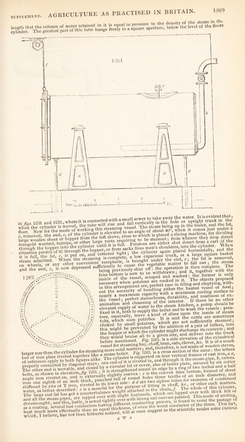 1360 in Has MSI, and 1259., inhere it is connected with a raalU™er to tateaway^hewatm.. It SfoVJermTonJ'IhrXM^^^ hopper or tSi‘'ltac'ed°hor'isoni'ally,' and th^e false bottom w now o be -theVmer is only inside of the vessel, serdye , . . rpj^g objects proposed necessary when ease in filiing and emptying, with¬ in this arrangement are, ^g^^gl g, food; out the necessity | minimum cooling surface to nearly a ™a^™^“,Sghne^ duraSy, and readiness of ex- the vessel; g^fhe interior/ If there he no other amination and cleansing cfpam kitchen, a pump should be elevated supply of ^^^r \o ‘he sgim fixed in it, both to supp y_ of slime upon the inside of steam toes, especially, leave a kind of slime upon sometimes tubs, which soon ^gj, are not sufficiently steamed ; choked by small potatoes, addition of a pair of rollers, into this might be might discharge its contents; and the hopper of which the cylinder mi^nt they would bruise ^1' a side elevation of the cylindrical vessel for steaming hay, chafj bran,^ wooden staves, of reference apply to both bgu^^, ah _ • jg riveted in, ^nd thr^ough it t P P ggtter properly connected by diagonal stays , g-.j-cular lid or cover, also of boiler Pi^te, se . ^ half The other end is movable, and dosed y ^ g^gthened round its edge by ^ ^ formed of sheet bolts, as shown in elevation,/^. 126h , t is stre ^ i] of an inchXmeter, and angle iron riveted on, ^nd is externally^^^^^^^ holes three tenths of S>^! bi« oS ?r E. ;Emrn^ib'ror.'hf;ur?ol“o? ^ f-. »U£“f'£ctS: