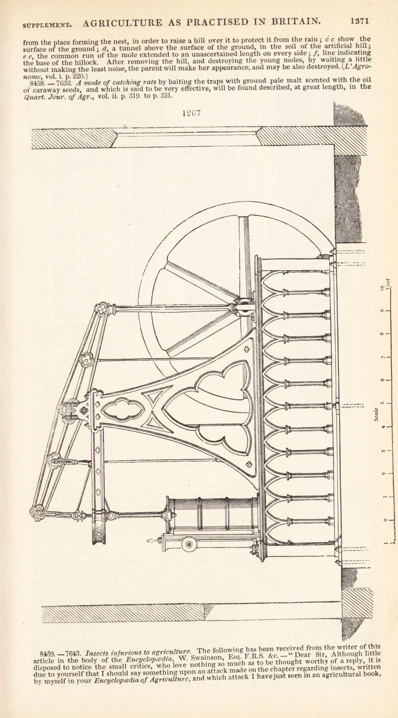 from the place forming the nest, in order to raise a hill over it to protect it from the ram; c c show the surface of the ground: d, a tunnel above the surface of the ground, in the soil of the artificial hill; e e the common run of the mole extended to an unascertained length on every side ; /, line indicating the base of the hillock. After removing the hill, and destroying the young moles, by waiting a little without making the least noise, the parent will make her appearance, and may be also destroyed. {L Agro~ ”^8458._763^. A mode of catching rats by baiting the traps with ground pale malt scented with the oil of caraway seeds, and which is said to be very effective, will be found described, at great length, in the Quart. Jour, of Agr., vol. ii. p. 319. to p. 331. O * A-vllrvTtrinO’ ViftR TGCClVCcl frOTXl tllO WTltCT of tlliS sm.—1643. Insects mjurious to agrtcuU^e. The fo\ &c. —“Dear Sir, Although little article in the body of the Encyclopcedta, W. ^wainson, q. thought worthy of a reply, it is disposed to notice the small critics, who love the chapter regarding insects, written due to yourself that I should say something upon an a ttack I have just seen in an agricultural book, by myself in your Encyclopoedia of Agriculture, and whicn attacK naveju
