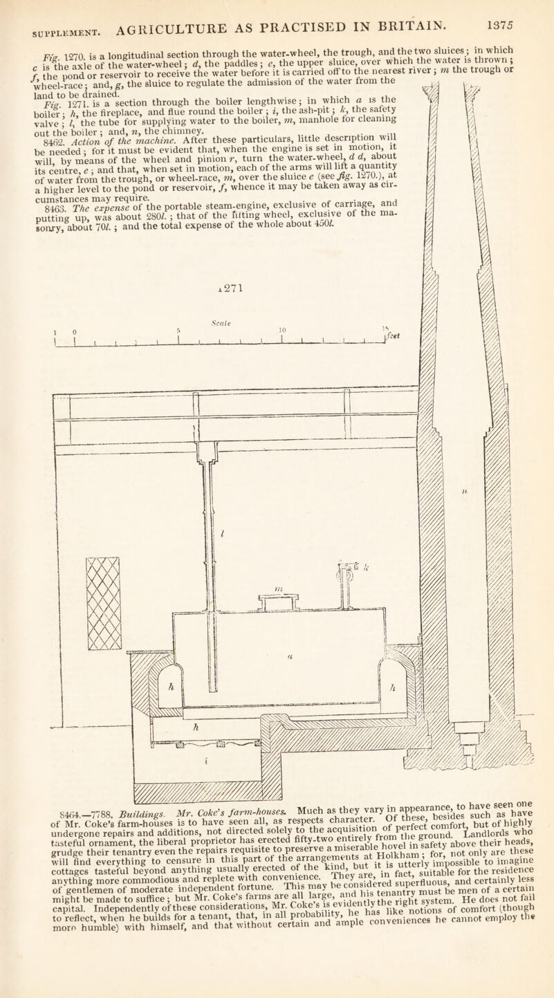 F.v 1270 is a longitudinal section through the water-wheel, the trough, and the two sluices ; in which . fffhfaxie of the water-wheel; d, the paddles; c, the upper sluice, over which the water is thrown ; f the uond or reservoir to receive the water before it is carried off to the nearest river, m the trough or wheel-race; and, g, the sluice to regulate the admission of the water from the . 1271. is a section through the boiler lengthwise; in which a is the  boiler • ^ the fireplace, and flue round the boiler ; i, the ash-pit; A, the safety valve ; /,*the tube for supplying water to the boiler, m, manhole tor cleaning out the boiler; and, n, the chimney. ^ n 1^ 8462. Aciwn of the machine. After these particulars, little description will be needed; for it must be evident that, when the engine is set in motion, it will, bv means of the wheel and pinion r, turn the water-wheel, d d, about its centre, e ; and that, when set in motion, each of the arms will lift a quantity of water from the trough, or wheel-race, over the sluice e (see Jig. 127U.), at a higher level to the pond or reservoir, /, whence it may be taken away as cir- TAe Txpewse of the portable steam-engine, exclusive of carriage, and puttSg up, was about 280A ; that of the filting vvheel, exclusive of the ma- sonj-y, about 70A ; and the total expense of the whole about 4oOA 84f;4.—7788. Buildings. Mr. Coke’s farm-houses. Much q sS have of Mr. Coke’s farm-houses is to have seen ah, as respects eharacter O ^se^’ comfort, but of highly undergone repairs and additions, not directed solely to the ^ , from^the ground. Landlords who tasteful ornament, the liberal proprietor has erected fifty-tw . hovel in safety above their heads, grudge their tenantry even the Holkham • for, not only are thpe will find everything to censure in this part ^Vind but it is utterly impossible to imagine cottages tasteful beyond anything usually erected of th jn fact suitable for the residence anything more commodious and replete with convmienc . , J superfluous, and certainly less of gentlemen of moderate independent fortune. Tliis y , . .gj^^^try must be men of a certain might be made to suffice; but Mr. Coke s farms are all la g » . , .v^g v-ight system. He does not fad capital. Independently of these considermions, Mr. Colm SI Y notions of comfort (though to reflect, when he builds for a tenant, that, in all probab Y’ , conveniences he cannot employ the moro humble) with himself, and that without certain and ample conveniences