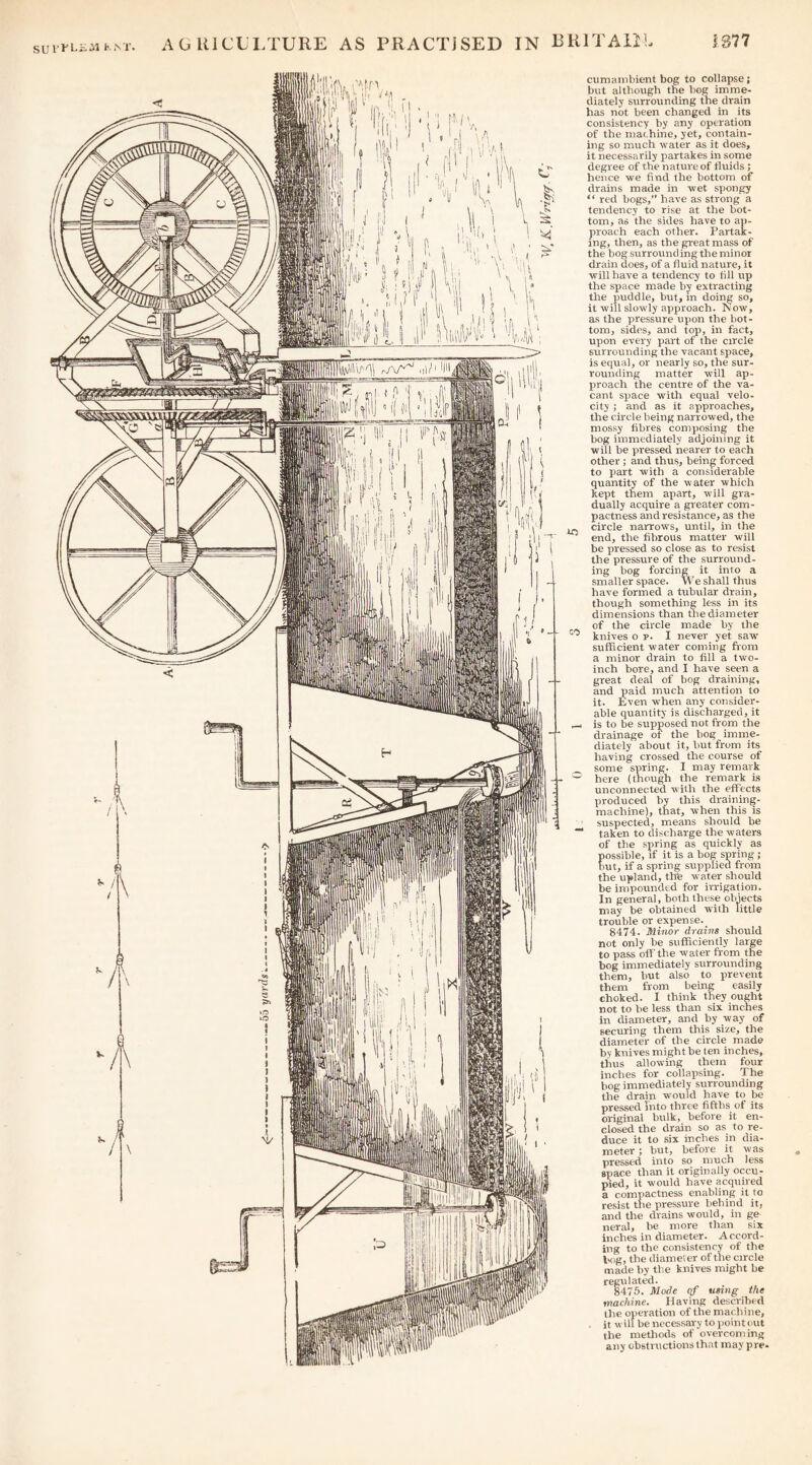 SUl■I'Li.Jl KNT. (I'lP'ifv. r^.fn cumanibient bog to collapse; but although the hog imme¬ diately surrounding the drain has not been changed in its consistency by any operation of the machine, yet, contain¬ ing so much water as it does, it necessarily partakes in some degree of the nature of fluids ; hence we find the bottom of drains made in wet spongy “ red bogs, have as strong a tendency to rise at the bot¬ tom, as the sides have to ap¬ proach each other. Partak¬ ing, then, as the great mass of the bog surrounding the minor drain does, of a fluid nature, it will have a tendency to fill up the space made by extracting the puddle, but, in doing so, it will slowly approach. Now, as the pressure upon the bot¬ tom, sides, and top, in fact, upon every part of the circle surrounding the vacant space, is equal, or nearly so, the sur¬ rounding matter will ap¬ proach the centre of the va¬ cant space with equal velo¬ city ; and as it approaches, the circle being narrowed, the mossy fibres composing the bog immediately adjoining it will be pressed nearer to each other ; and thus, being forced to part with a considerable quantity of the water which kept them apart, will gra¬ dually acquire a greater com¬ pactness and resistance, as the circle narrows, until, in the end, the fibrous matter wilt be pressed so close as to resist the pressure of the surround¬ ing bog forcing it into a smaller space. We shall thus have formed a tubular drain, though something less in its dimensions than the diameter of the circle made by the knives op. I never yet saw- sufficient w'ater coming from a minor drain to fill a two- inch bore, and I have seen a great deal of bog draining, and paid much attention to it. Even when any consider¬ able quantity is discharged, it is to be supposed not from the drainage of the bog imme¬ diately about it, but from its having crossed the course of some spring. I may remark here (though the remark is unconnected with the effects produced by this draining- machine), that, when this is suspected, means should be taken to discharge the waters of the spring as quickly as possible, if it is a bog spring ; but, if a spring supplied from the upland, thfe water should be impounded for irrigation. In general, both these objects may be obtained with little trouble or expense. 8474. Minor drains should not only be sufficiently large to pass off the water from the bog immediately surrounding them, but also to prevent them from being easily choked. I think they ought not to be less than six inches in diameter, and by way of securing them this size, the diameter of the circle made by knives might be ten inches, thus allowing them four inches for collapsing. The bog immediately surrounding the drain would have to be pressed into three fifths of its original bulk, before it en¬ closed the drain so as to re¬ duce it to six inches in dia¬ meter j but, before it was pressed into so much less space than it originally occu¬ pied, it would have acquired a compactness enabling it to resist the pressure behind it, and the drains would, in ge neral, be more than six inches in diameter. Accord¬ ing to the consistency of the hog, the diameter of the circle made by the knives might be regulated. 8476. Mode of using the machine. Having described the operation of the machine, it will be necessary to point out the methods of overcoming any obstructions that may pre.