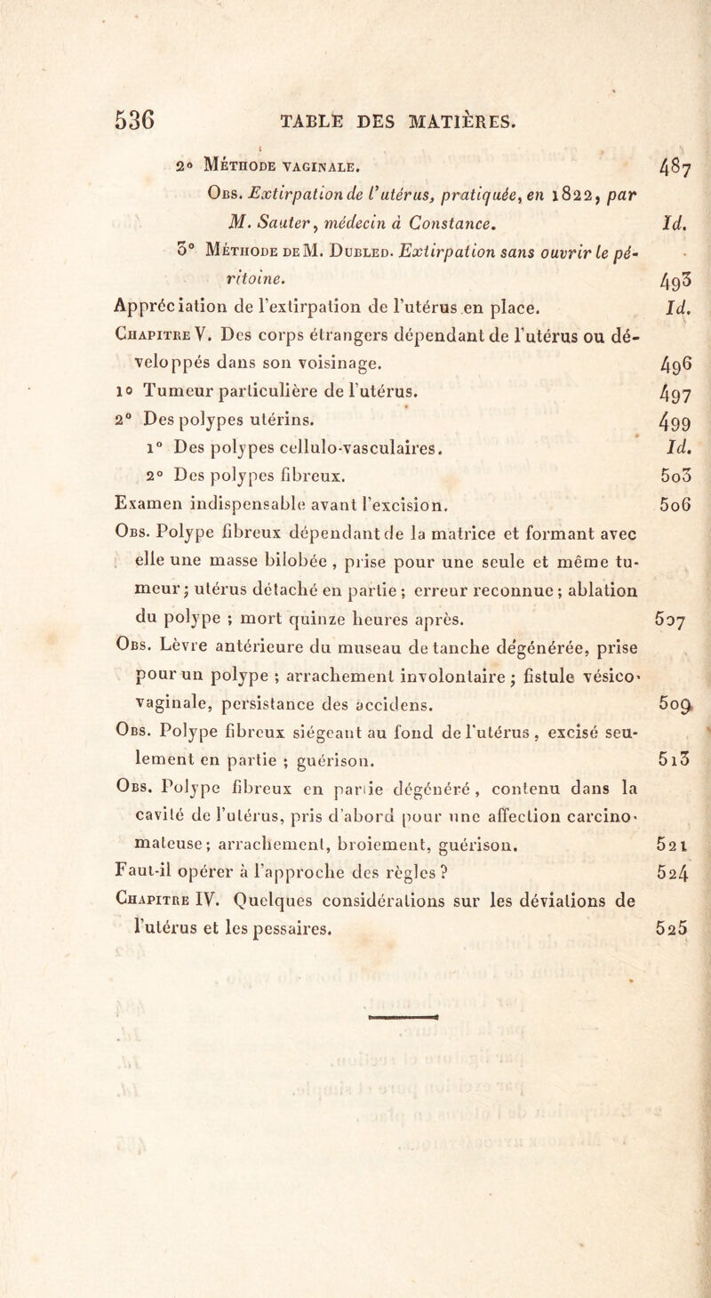 L . N, 2° MÉTnODE VAGINALE. 4^7 Obs. Extirpation de C utérus, pratiquée, en 1822, par M. Sauter, médecin à Constance. Id, 5° Méthode deM. Dubled. Extirpation sans ouvrir le pé¬ ritoine. 49<5 Appréciation de l’extirpation de l’utérus en place. Id. Chapitre V. Des corps étrangers dépendant de l’utérus ou dé¬ veloppés dans son voisinage. 49® 10 Tumeur particulière de l’utérus. 497 * 2° Des polypes utérins. 499 i° Des polypes cellulo-vasculaires. Id. 2° Des polypes fibreux. 5o3 Examen indispensable avant l’excision. 5o6 Obs. Polype fibreux dépendant de la matrice et formant avec elle une masse bilobée , prise pour une seule et même tu¬ meur ) utérus détaché en partie ; erreur reconnue ; ablation du polype ; mort quinze heures après. 5oy Obs. Lèvre antérieure du museau de tanche de'générée, prise pour un polype ; arrachement involontaire • fistule vésieo- vaginale, persistance des accidens. 609, Obs. Polype fibreux siégeant au fond de l’utérus, excisé seu¬ lement en partie ; guérison. 513 Obs. Polype fibreux en panie dégénéré, contenu dans la cavité de l’utérus, pris d’abord pour une affection carcino¬ mateuse; arrachement, broiement, guérison. 52 1 Faut-il opérer à l’approche des règles? 624 Chapitre IV. Quelques considérations sur les déviations de l’utérus et les pessaires. 525