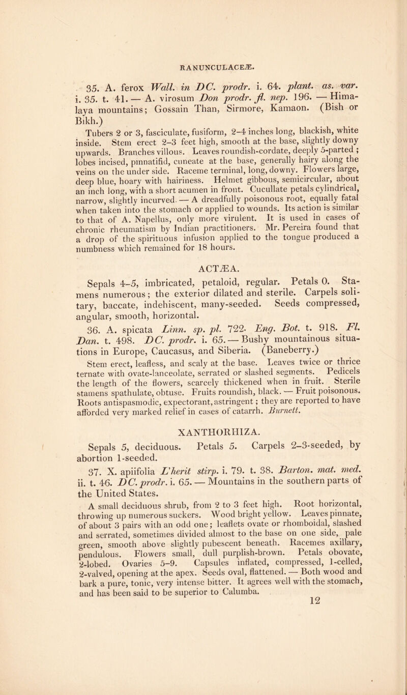 35. A. ferox Wall, in DC. prodr. i. 64. plant, as. yar. i. 35. t. 41. — A. virosum Don prodr. jl. nep. 196. —Hima¬ laya mountains; Gossain Than, Sirmore, Kamaon. (Bish or Bikh.) Tubers 2 or 3, fasciculate, fusiform, 2-4 inches long, blackish, white inside. Stem erect 2-3 feet high, smooth at the base, slightly downy upwards. Branches villous. Leaves roundish-cordate, deeply 5-parted ; lobes incised, pmnatifid, cuneate at the base, generally hairy along the veins on the under side. Raceme terminal, long, downy. Flowers large, deep blue, hoary with hairiness. Helmet gibbous, semicircular, about an inch long, with a short acumen in front. Cucullate petals cylindrical, narrow, slightly incurved. — A dreadfully poisonous root, equally fatal when taken into the stomach or applied to wounds. Its action is similar to that of A. Napellus, only more virulent. It is used in cases of chronic rheumatism by Indian practitioners. Mr. Pereira found that a drop of the spirituous infusion applied to the tongue produced a numbness which remained for 18 hours. ACTiEA. Sepals 4-5, imbricated, petaloid, regular. Petals 0. Sta¬ mens numerous; the exterior dilated and sterile. Carpels soli¬ tary, baccate, indehiscent, many-seeded. Seeds compressed, angular, smooth, horizontal. 36. A. spicata Linn. sp. pi. 722- Eng. Dot. t. 918. FL Dan. t. 498. DC. prodr. i. 65. — Bushy mountainous situa¬ tions in Europe, Caucasus, and Siberia. (Baneberry.) Stem erect, leafless, and scaly at the base. Leaves twice or thrice ternate with ovate-lanceolate, serrated or slashed segments.. Pedicels the length of the flowers, scarcely thickened when in fruit. . Sterile stamens spathulate, obtuse. Fruits roundish, black. Fruit poisonous. Roots antispasmodic, expectorant, astringent; they are reported to have afforded very marked relief in cases of catarrh. Burnett. XANTHORHIZA. Sepals 5, deciduous. Petals 5. Carpels 2-3-seeded, by abortion 1-seeded. 37. X. apiifolia Lherit stirp. i. 79. t. 38. Barton, mat. med. ii. t. 46. DC. prodr. i. 65. — Mountains in the southern parts of the United States. A small deciduous shrub, from 2 to 3 feet high. Root horizontal, throwing up numerous suckers. Wood bright yellow. Leaves pinnate, of about 3 pairs with an odd one; leaflets ovate or rhornboidal, slashed and serrated, sometimes divided almost to the base on one side, pale green, smooth above slightly pubescent beneath. Racemes axillary, pendulous. Flowers small, dull purplish-brown. Petals obovate, 2-lobed. Ovaries 5-9. Capsules inflated, compressed, 1-celled, 2-valved, opening at the apex. Seeds oval, flattened. — Both wood and bark a pure, tonic, very intense bitter. It agrees well with the stomach, and has been said to be superior to Calumba.