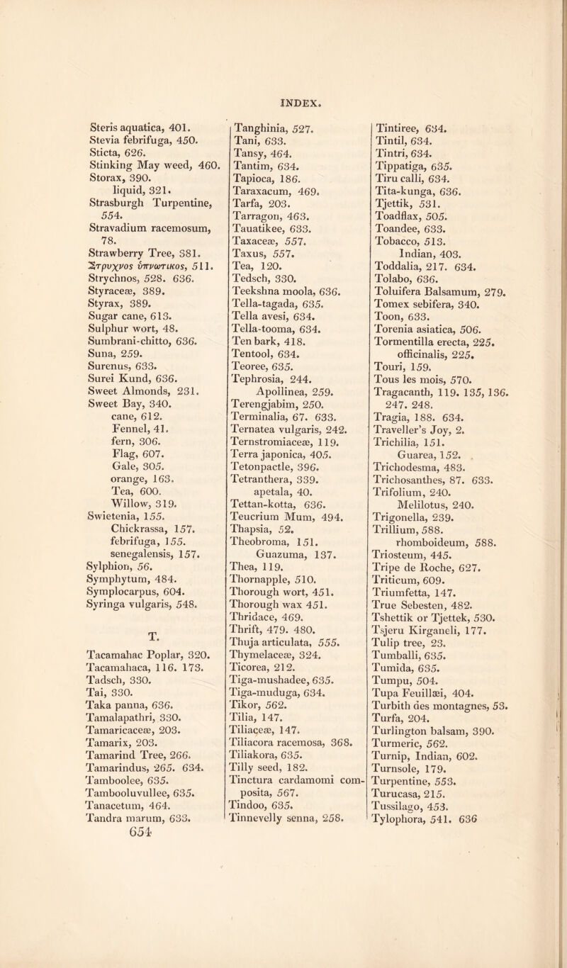 Steris aquatica, 401. Stevia febrifuga, 450. Sticta, 626. Stinking May weed, 460. Storax, 390. liquid, 321. Strasburgh Turpentine, 554. Stravadium racemosum, 78. Strawberry Tree, 381. pVXVOS vttvcotikos, 511. Strychnos, 528. 636. Styracese, 389. Styrax, 389. Sugar cane, 613. Sulphur wort, 48. Sumbrani-chitto, 636. Suna, 259. Surenus, 633. Surei Kund, 636. Sweet Almonds, 231. Sweet Bay, 340. cane, 612. Fennel, 41, fern, 306. Flag, 607. Gale, 305. orange, 163, Tea, 600. Willow, 319. Swietenia, 155. Chickrassa, 157. febrifuga, 155. senegalensis, 157. Sylphion, 56. Symphytum, 484. Symplocarpus, 604. Syringa vulgaris, 548. T. Tacamahac Poplar, 320. Tacamahaca, 116. 173. Tadsch, 330. Tai, 330. Taka panna, 636. Tamalapathri, 330. Tamaricacese, 203. Tamarix, 203. Tamarind Tree, 266, Tamarindus, 265. 634. Tamboolee, 635. Tambooluvullee, 635. Tanacetum, 464. Tandra marum, 633. 654 Tanghinia, 527. Tani, 633. Tansy, 464, Tantim, 634. Tapioca, 186. Taraxacum, 469. Tarfa, 203. Tarragon, 463. Tauatikee, 633. Taxacece, 557. Taxus, 557. Tea, 120. Tedsch, 330. Teekshna moola, 636. Tella-tagada, 635. Telia avesi, 634. Tella-tooma, 634. Ten bark, 418. Tentool, 634. Teoree, 635. Tephrosia, 244. Apollinea, 259. Tei*engjabim, 250. Terminalia, 67. 633. Ternatea vulgaris, 242. Ternstromiaceae, 119. Terra japonica, 405. Tetonpactle, 396. Tetranthera, 339. apetala, 40. Tettan-kotta, 636. Teucrium Mum, 494. Thapsia, 52. Theobroma, 151. Guazuma, 137, Thea, 119. Thornapple, 510. Thorough wort, 451. Thorough wax 451. Thridace, 469. Thrift, 479. 480. Thuja articulata, 555. Thymelacece, 324. Ticorea, 212. Tiga-mushadee, 635. Tiga-muduga, 634. Tikor, 562. Tilia, 147. Tiliaceas, 147. Tiliacora racemosa, 368. Tiliakora, 635. Tilly seed, 182. Tinctura cardamom! com- posita, 567. Tindoo, 635. Tinnevelly senna, 258. Tintiree, 634. Tintil, 634. Tintri, 634. Tippatiga, 635. Tirucalli, 634. Tita-kunga, 636. Tjettik, 531. Toadflax, 505. Toandee, 633. Tobacco, 513. Indian, 403. Toddalia, 217. 634. Tolabo, 636. Toluifera Balsamum, 279. Tomex sebifera, 340. Toon, 633. Torenia asiatica, 506. Tormentilla erecta, 225. officinalis, 225. Touri, 159. Tous les mois, 570. Tragacanth, 119. 135, 136. 247. 248. Tragia, 188. 634. Traveller’s Joy, 2. Trichilia, 151. Guarea, 152. Trichodesma, 483. Trichosanthes, 87. 633. Trifolium, 240. Melilotus, 240. Trigonella, 239. Trillium, 588. rhomboideum, 588. Triosteum, 445. Tripe de Roche, 627. Triticum, 609. Triumfetta, 147. True Sebesten, 482. Tshettik or Tjettek, 530. Tsjeru Kirganeli, 177. Tulip tree, 23. Tumballi, 635. Tumida, 635. Tumpu, 504. Tupa Feuillsei, 404. Turbith aes montagnes, 53. Turfa, 204. Turlington balsam, 390. Turmeric, 562. Turnip, Indian, 602. Turnsole, 179. Turpentine, 553. Turucasa, 215. Tussilago, 453. Tylophora, 541. 636